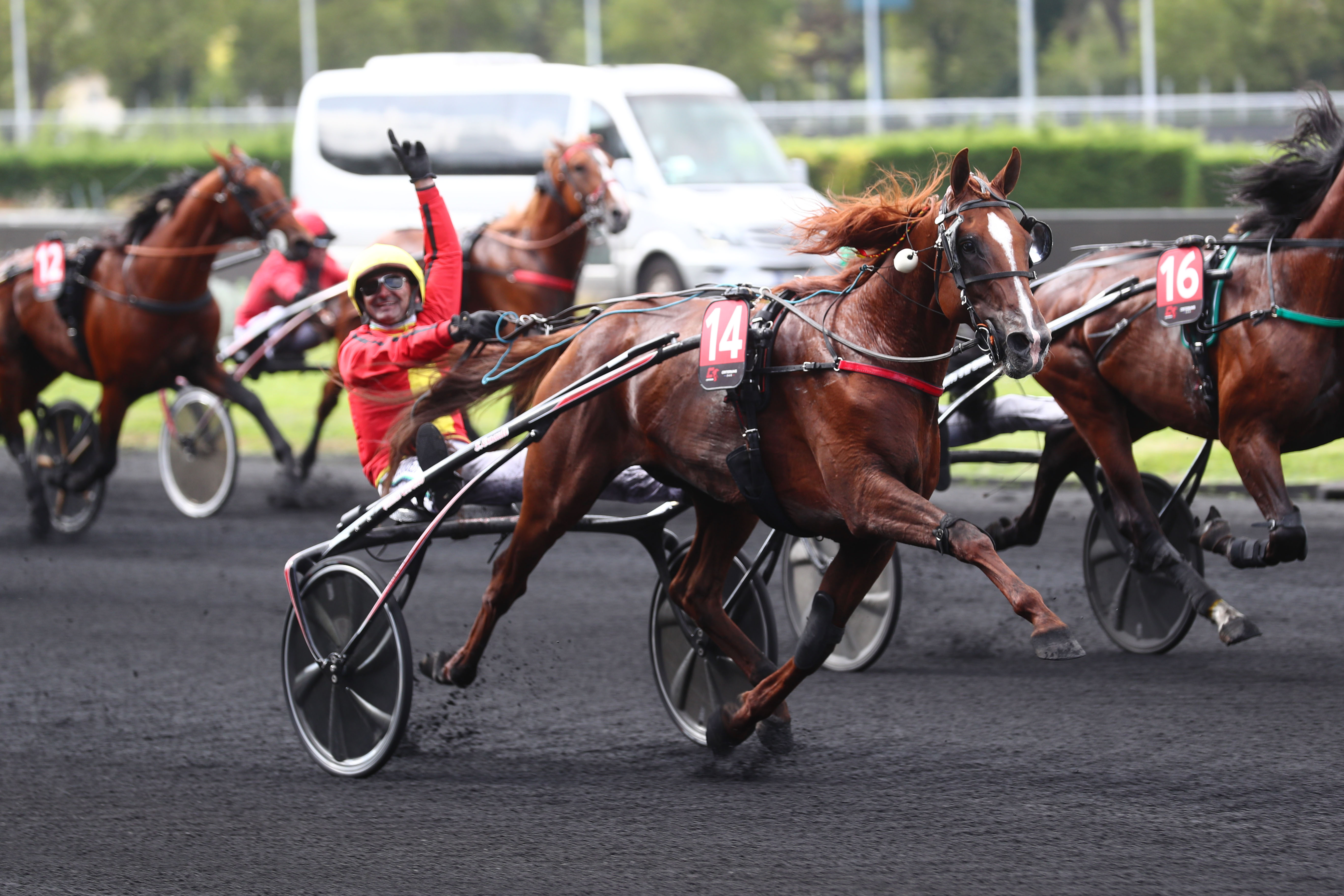 Paris-Vincennes (XIIe), samedi 14 septembre. Le bras levé, Sébastien Ernault savoure sa victoire avec Josh Power dans le Critérium des 5 Ans. (Scoopdyga/Elliott Chouraqui)