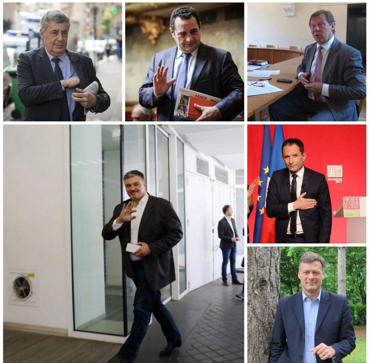 <b></b> Henri Guaino, Jean-Frédéric Poisson, Jean-Marie-Tétart, David Douillet, Benoit Hamon et Arnaud Richard (de gauche à droite et de haut en bas), députés sortants, ont tous été battus aux législatives de juin 2017. 