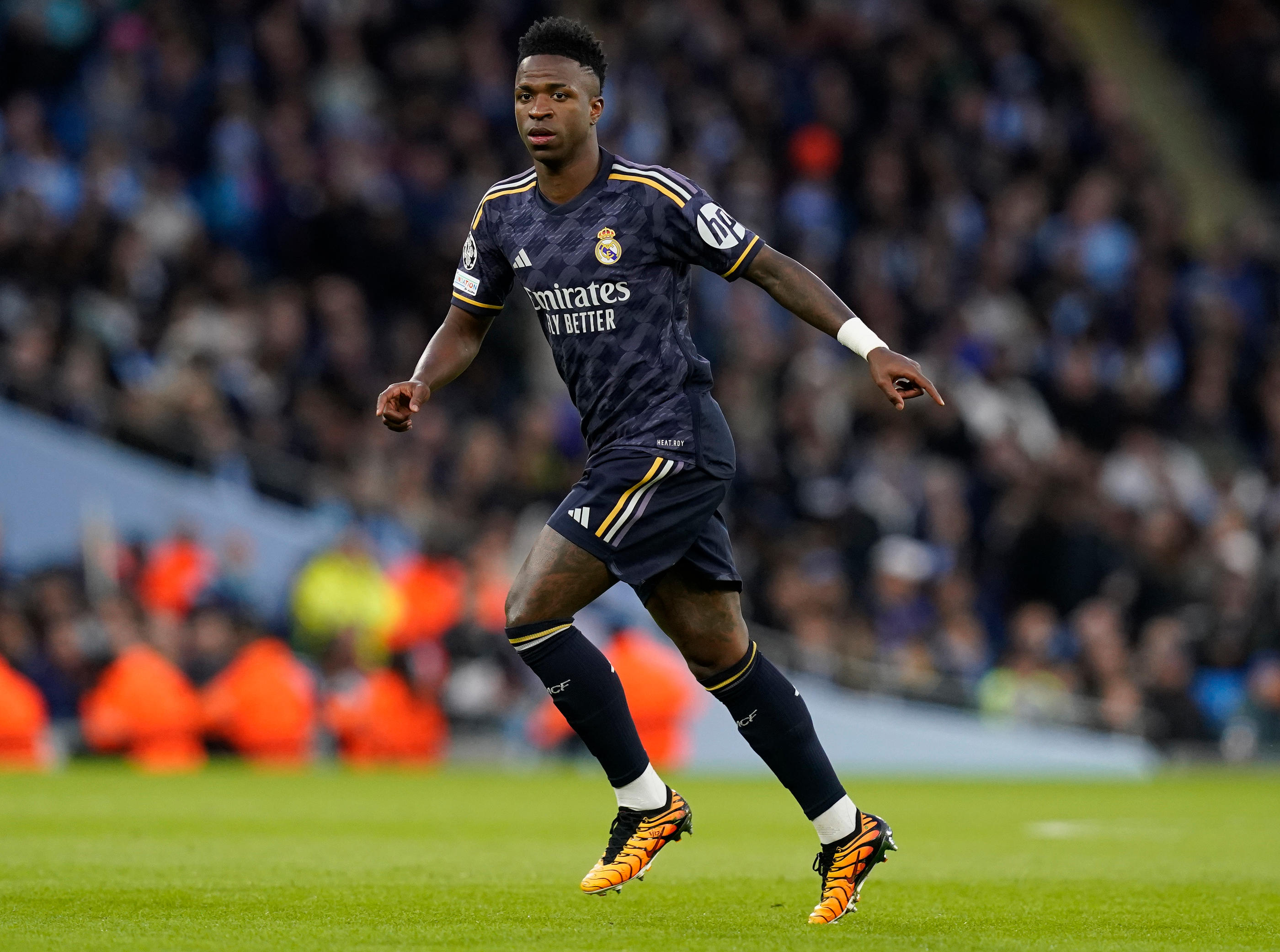 Manchester, England, 17th April 2024. Vinícius Júnior of Real Madrid during the UEFA Champions League Quarter Final 2nd Leg match at the Etihad Stadium, Manchester. Picture credit should read: Andrew Yates / Sportimage