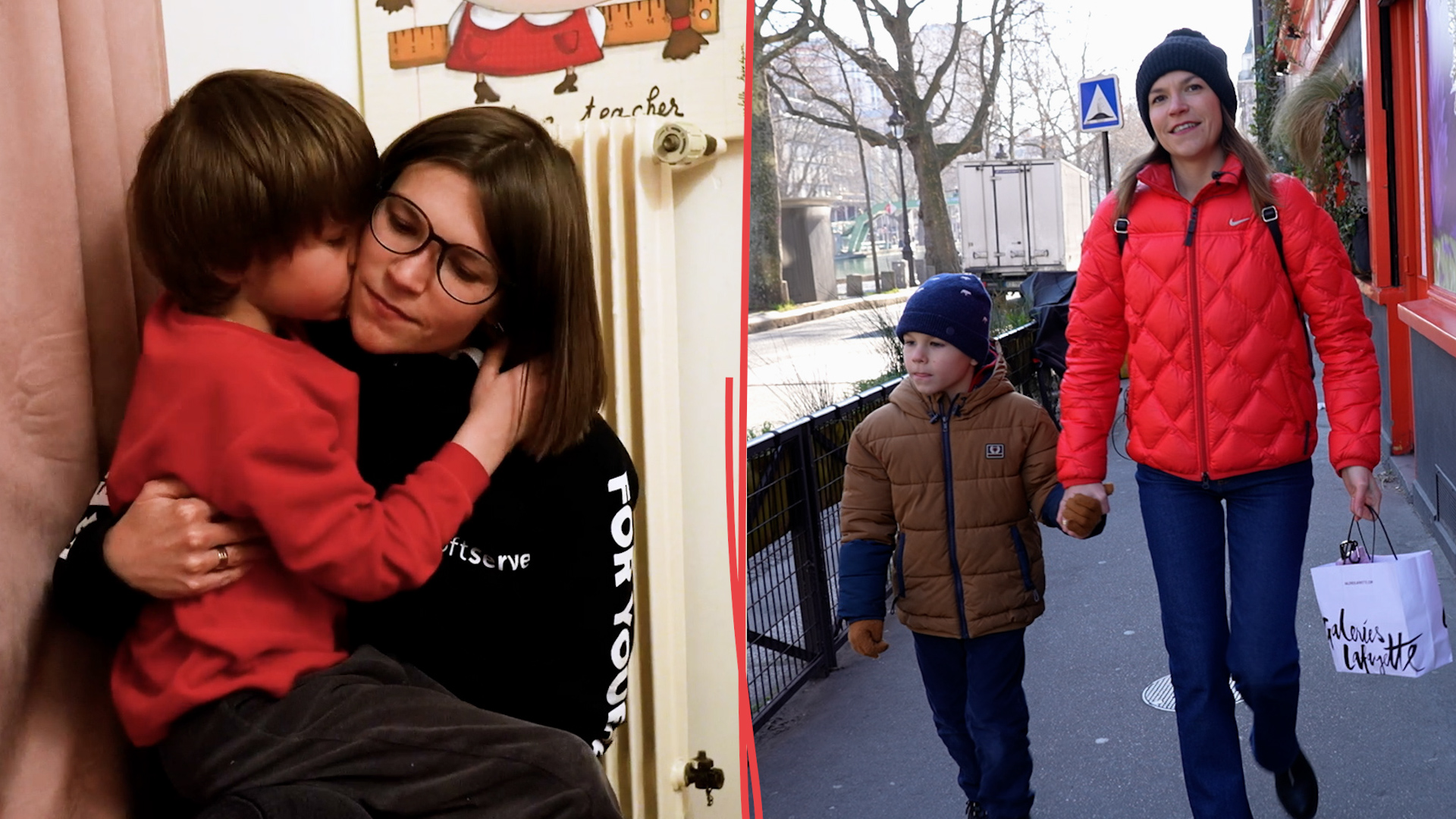Il y a tout juste un an, Ania et son fils Ostap trouvaient refuge à Paris en France, après les premiers bombardements russes en Ukraine. Nous les avions rencontrés le 1er mars 2022 (à gauche de la photo). Nous les avons retrouvés un an plus tard, toujours à Paris ( à droite ).