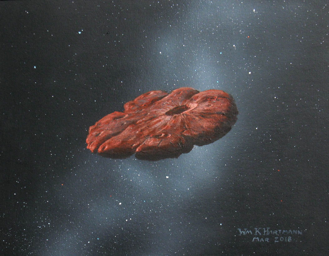 La forme de l'objet 'Oumuamua est parfois assimilée à celle d'un pancake (vue d'artiste). William Hartmann