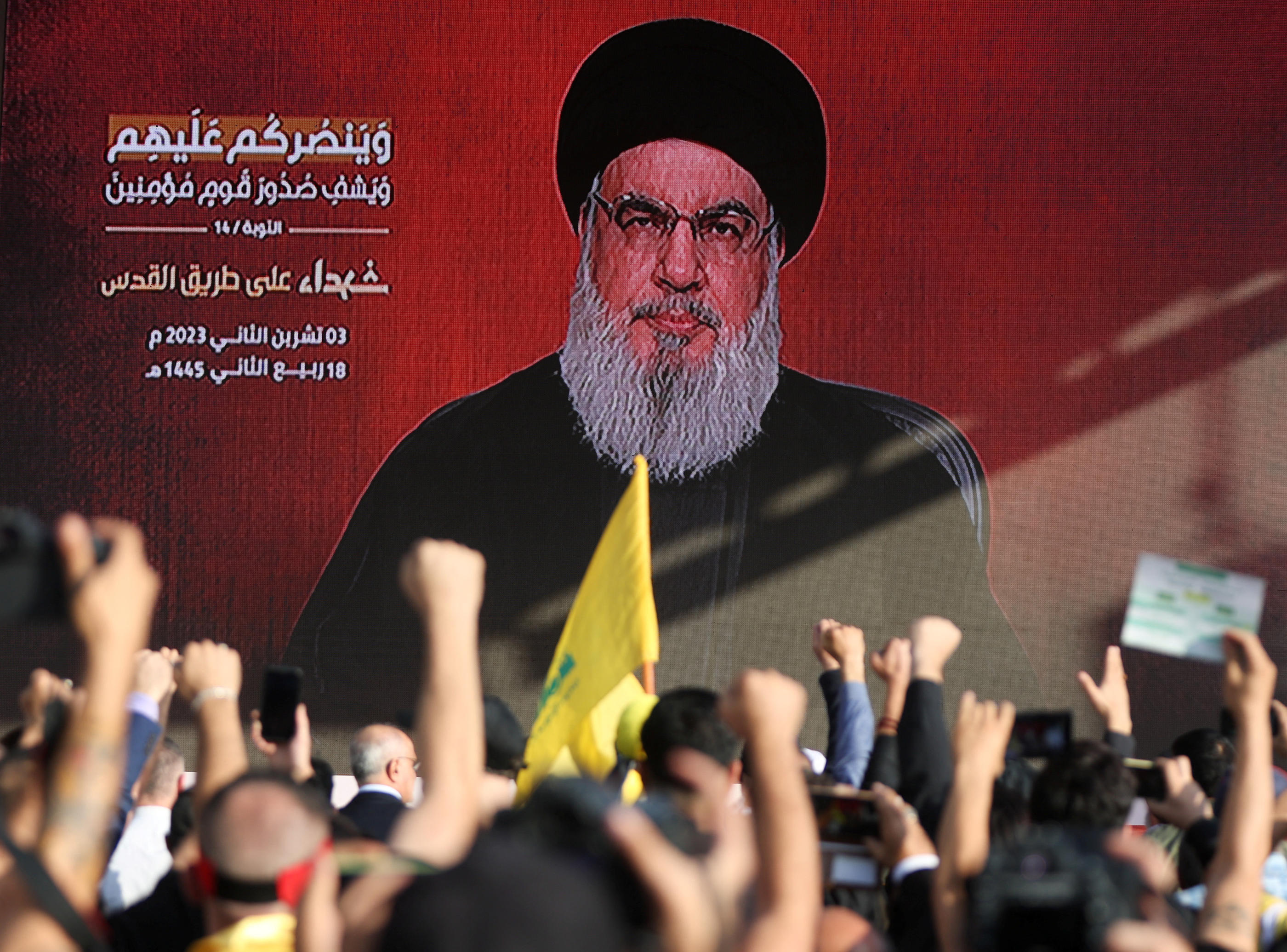 Le leader libanais du Hezbollah, Hassan Nasrallah, lors d'une cérémonie en hommage à des combattants tués, en novembre 2023. Reuters /Mohamed Azakir