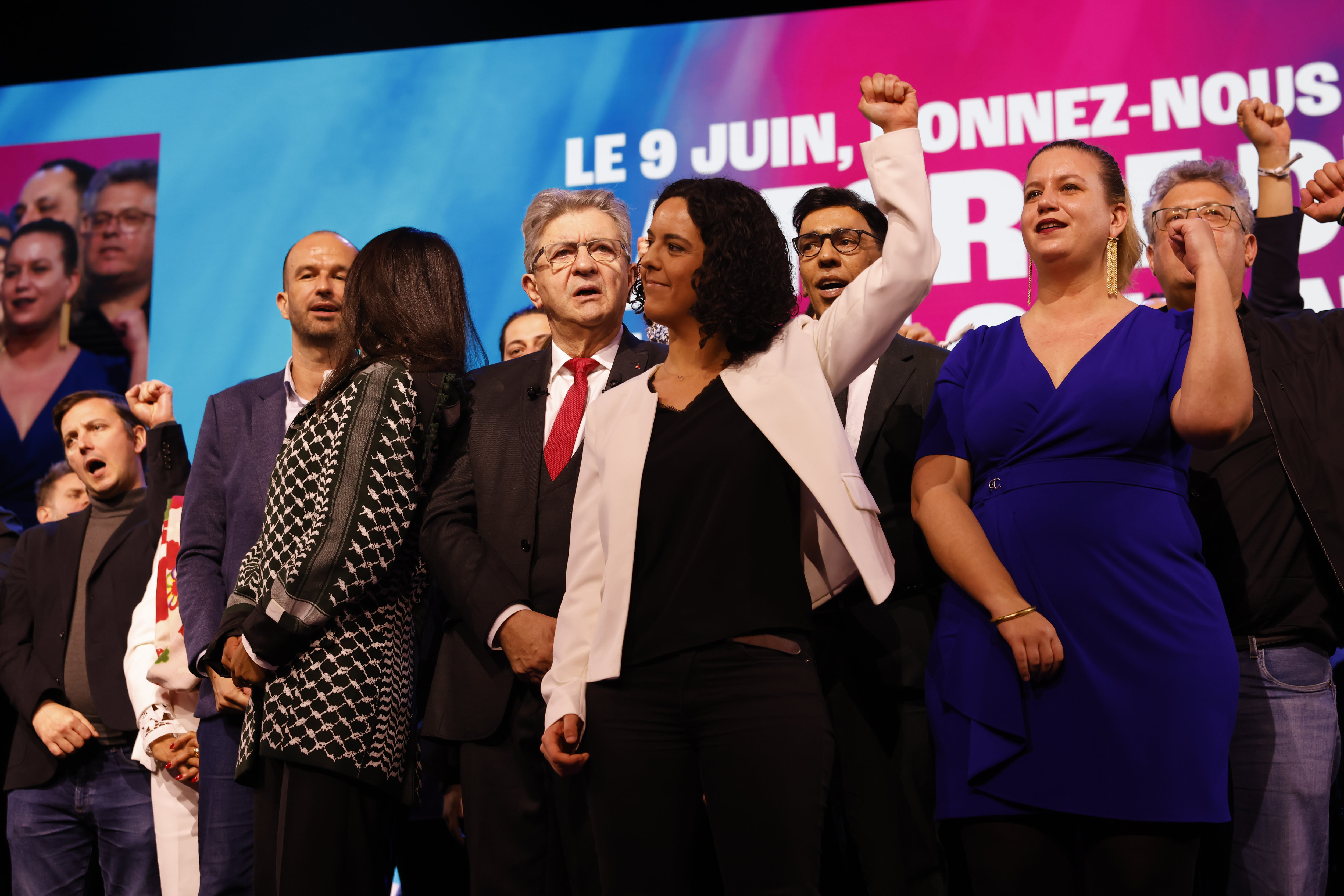 Villepinte, (Seine-Saint-Denis), ce samedi. Jean-Luc Mélenchon et Mathilde Panot ont apporté leur soutien à la tête de liste LFI aux élections européennes, Manon Aubry (au centre). LP/Olivier Corsan