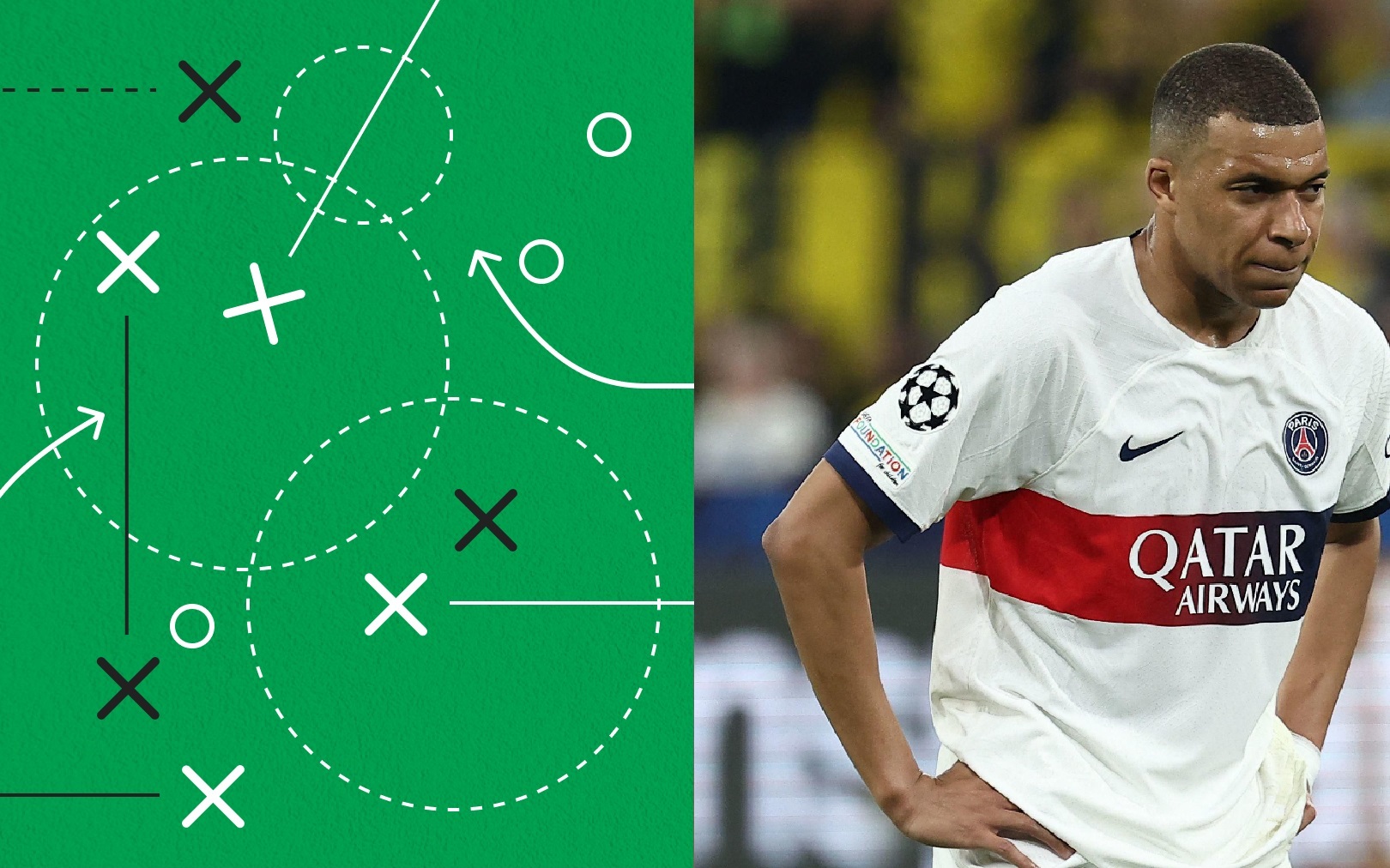 Kylian Mbappé a touché le poteau face à Dortmund ce mercredi soir, une de ses rares occasions dangereuses. (Montage) AFP/Franck Fife