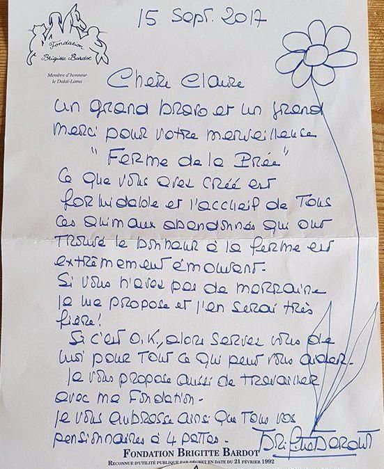 <b></b> Claye-Souilly, le 19 septembre. Militante des droits des animaux, l’ancienne actrice Brigitte Bardot a envoyé une lettre à la Ferme pédagogique de la Prée pour se proposer d’être la marraine de l’association. 