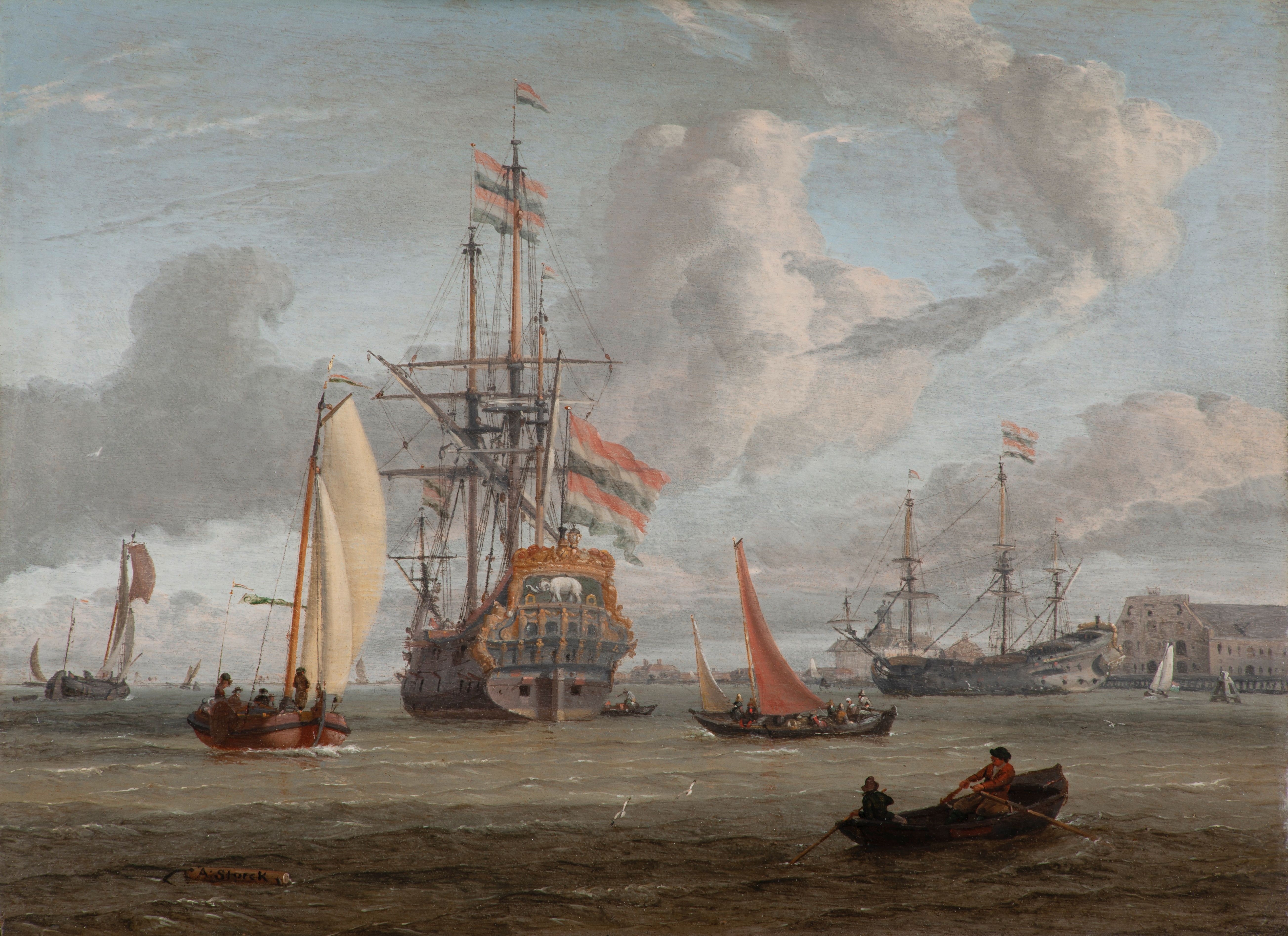 Parmi les oeuvres léguées figure cette ambitieuse marine d’Abraham Jansz Storck (c.1635-1708), intitulée « Grand Navire de la couronne du Danemark près d’un littoral. DR