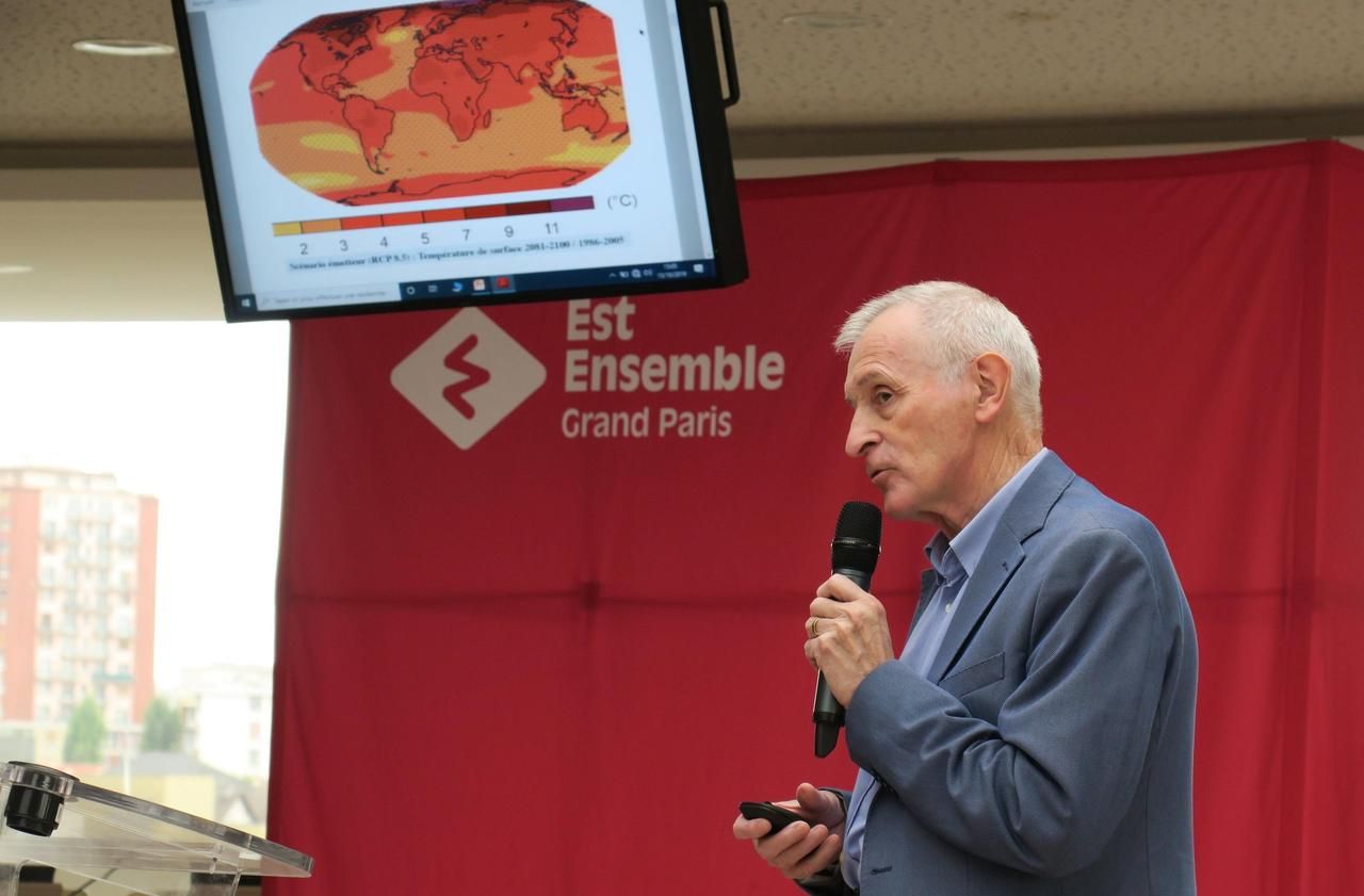 <b></b> Romainville, le 15 octobre 2019. Le climatologue Jean Jouzel, ancien vice-président du Giec, lors d’une conférence organisée par Est Ensemble sur l’adaptation des villes aux défis environnementaux.