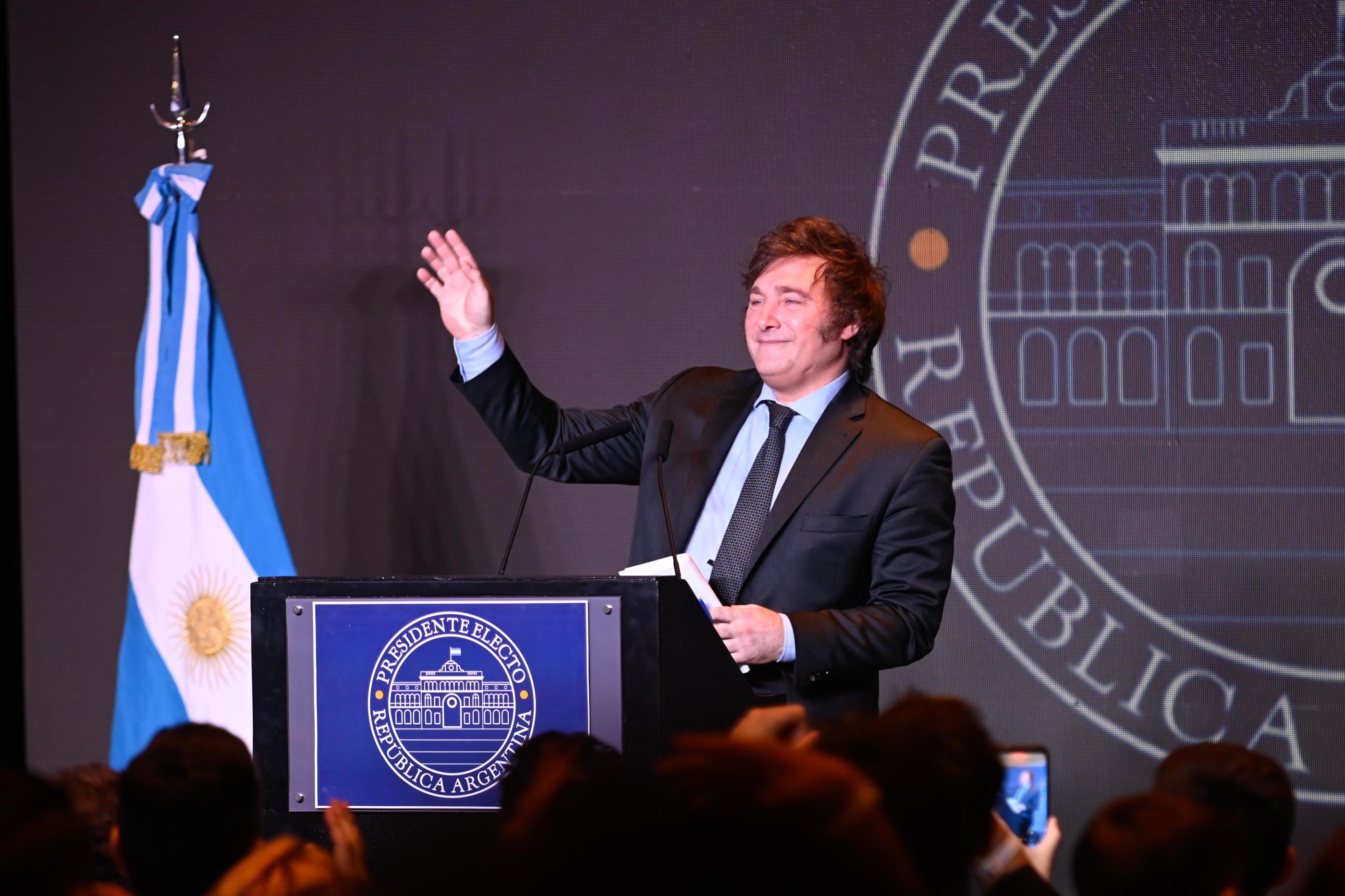 Le nouveau président argentin Javier Milei le 19 novembre 2023 à Buenos Aires, en Argentine, après sa victoire. Igor Wagner/dpa - Icon sport