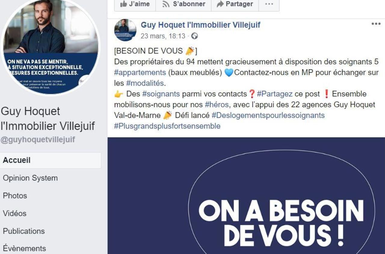 <b></b> Capture du compte Facebook de l'agence Guy Hoquet à Villejuif.