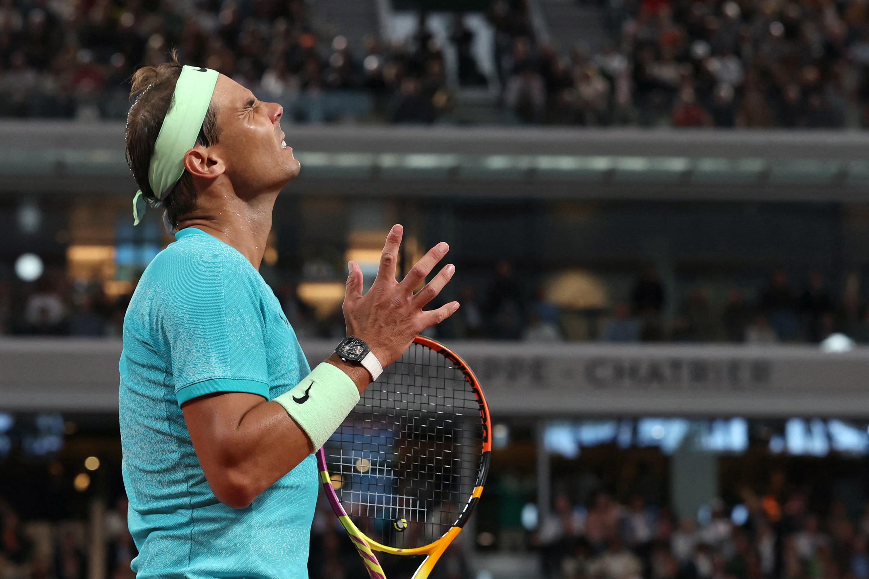 Rafael Nadal lors de son match contre Alexander Zverev, le 27 mai 2024. (Photo by ALAIN JOCARD / AFP)