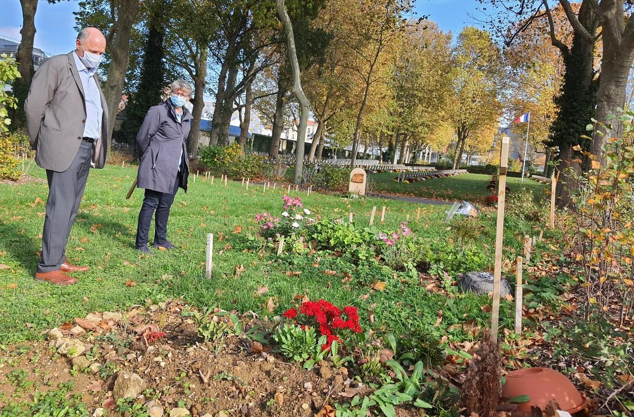 <b></b> Cimetière parisien à Ivry, ce samedi matin. Sylvain École, responsable du service des cimetières de la ville de Paris et Isabelle Monnier, conservatrice du cimetière, au centre de l’espace écologique.
