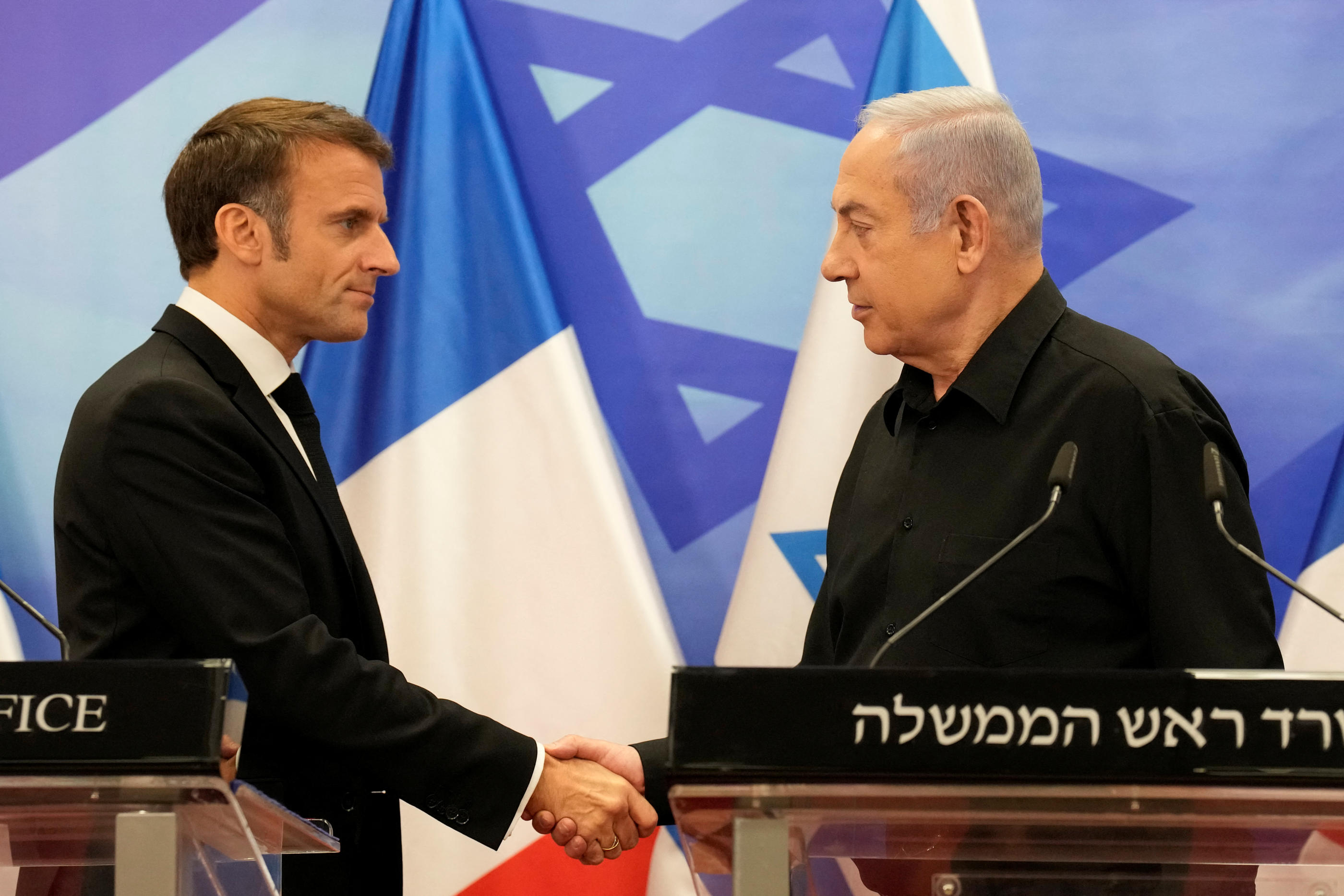 Le Premier ministre israélien Benyamin Netanyahou rencontrant le président de la République Emmanuel Macron le 24 octobre 2023 à Jérusalem. Reuters/Christophe Ena