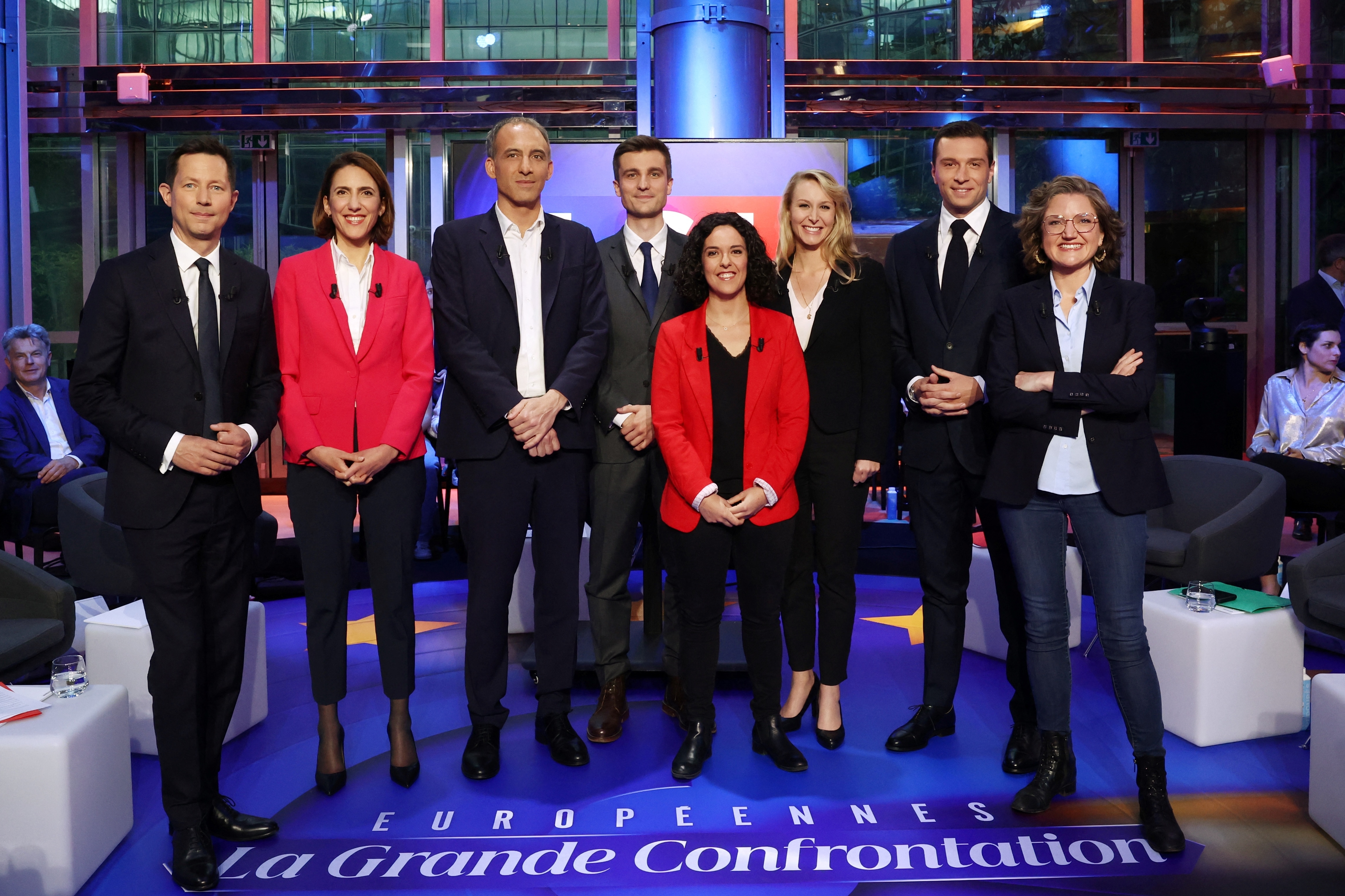 Francois-Xavier Bellamy (tête de liste LR), Valérie Hayer (Renaissance), Raphaël Glucksmann (PS-Place Publique), Léon Deffontaines (PCF), Manon Aubry (LFI), Marion Maréchal (Reconquête), Jordan Bardella (RN) et Marie Toussaint (Les écologistes), les huit principales têtes de liste pour les élections européennes. AFP/Emmanuel Dunand