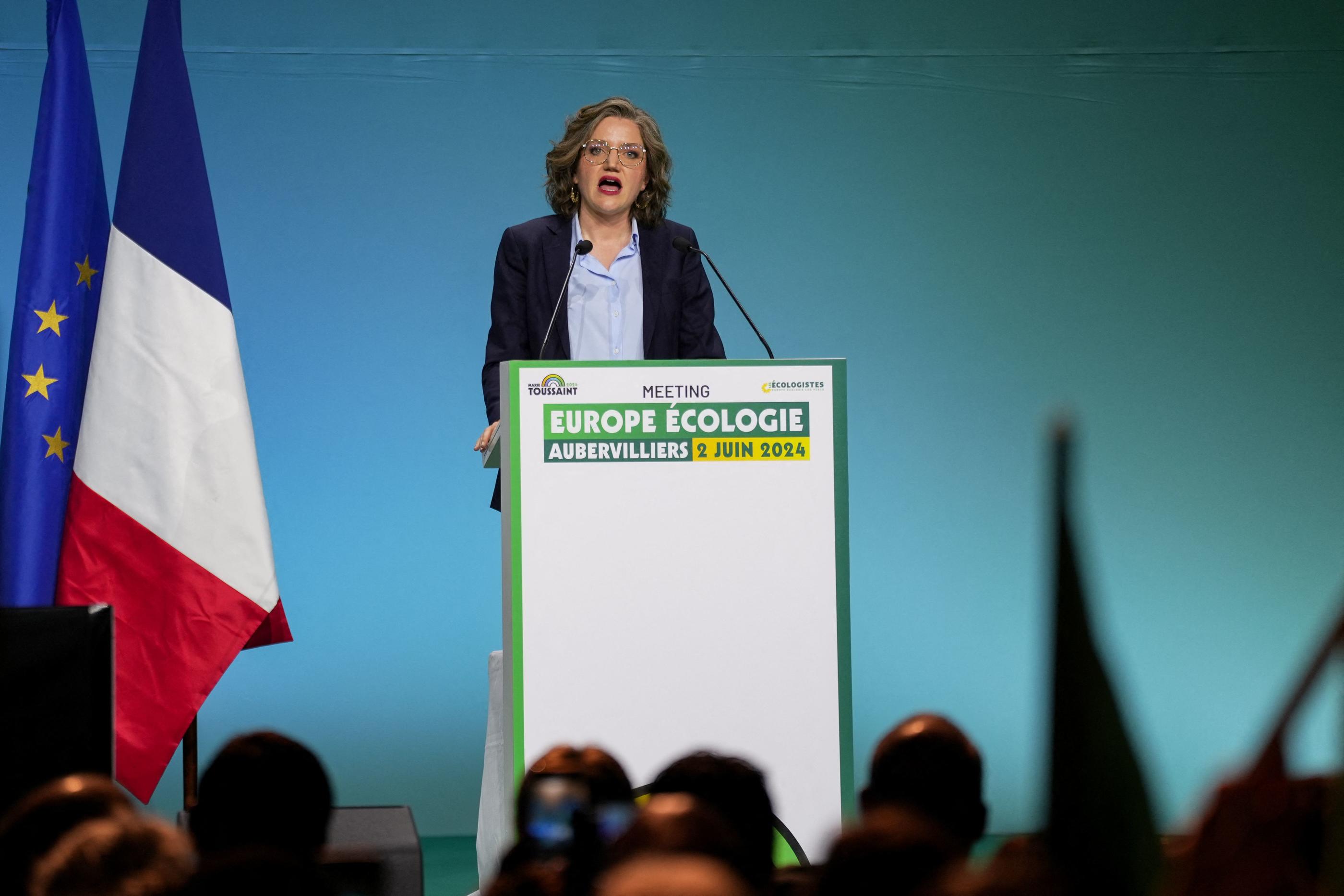 Marie Toussaint, tête de liste des Écologistes, lors d'un meeting à Aubervilliers (Seine-Saint-Denis), le 2 juin 2024. AFP/Zakaria Abdelkafi