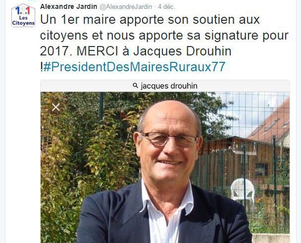 <b></b> Jacques Drouhin, le maire (SE) de Flagy a été le premier maire à apporter son soutien à Alexandre Jardin. Mais, faute de parrainages, ce dernier n’a pas été qualifié pour la compétition présidentielle.