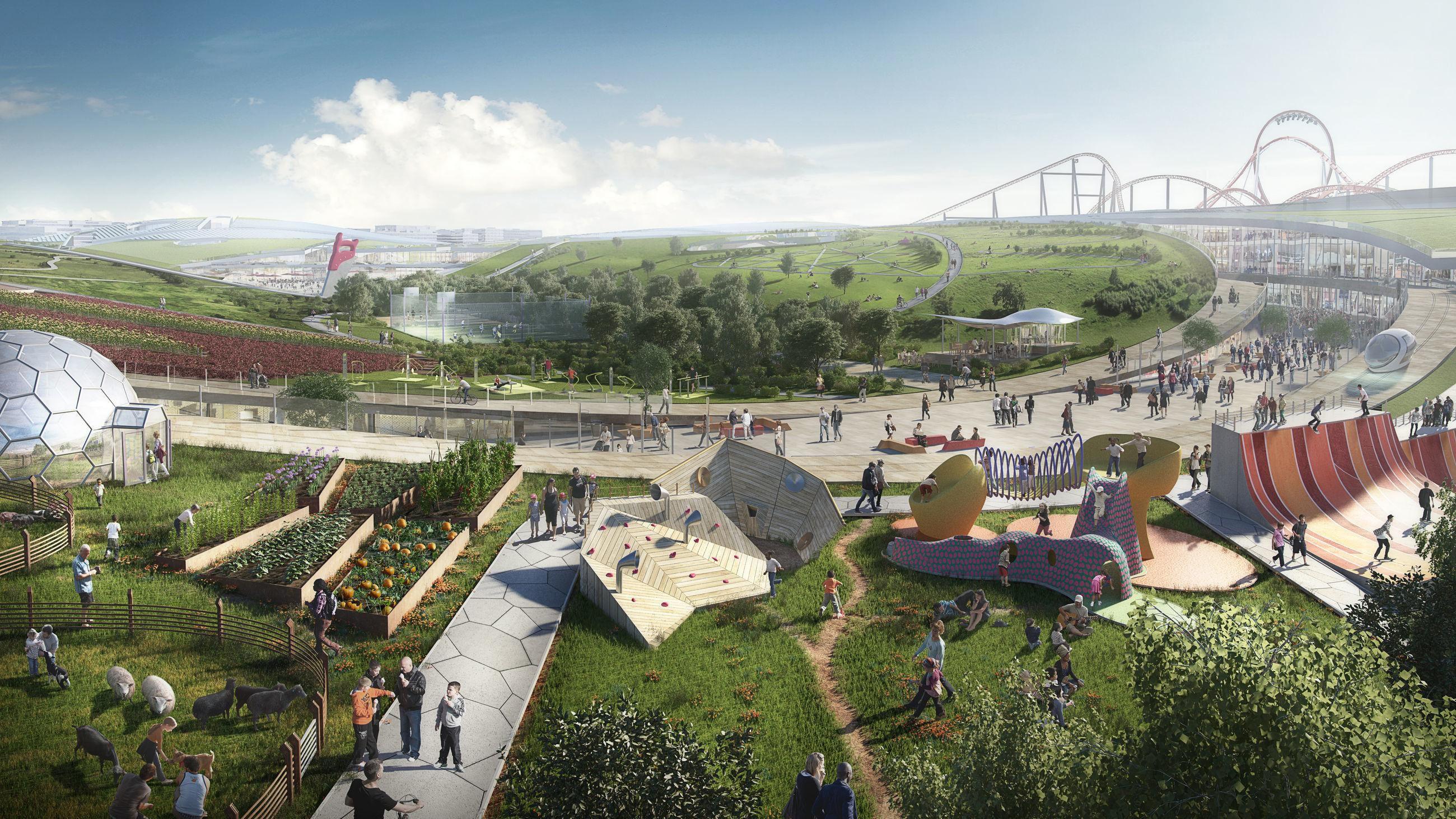EuropaCity, avec ici les visuels de la future ferme urbaine et du Parc, est le projet emblématique promis il y a dix ans et qui a été abandonné sur le Triangle de Gonesse. @EuropaCity