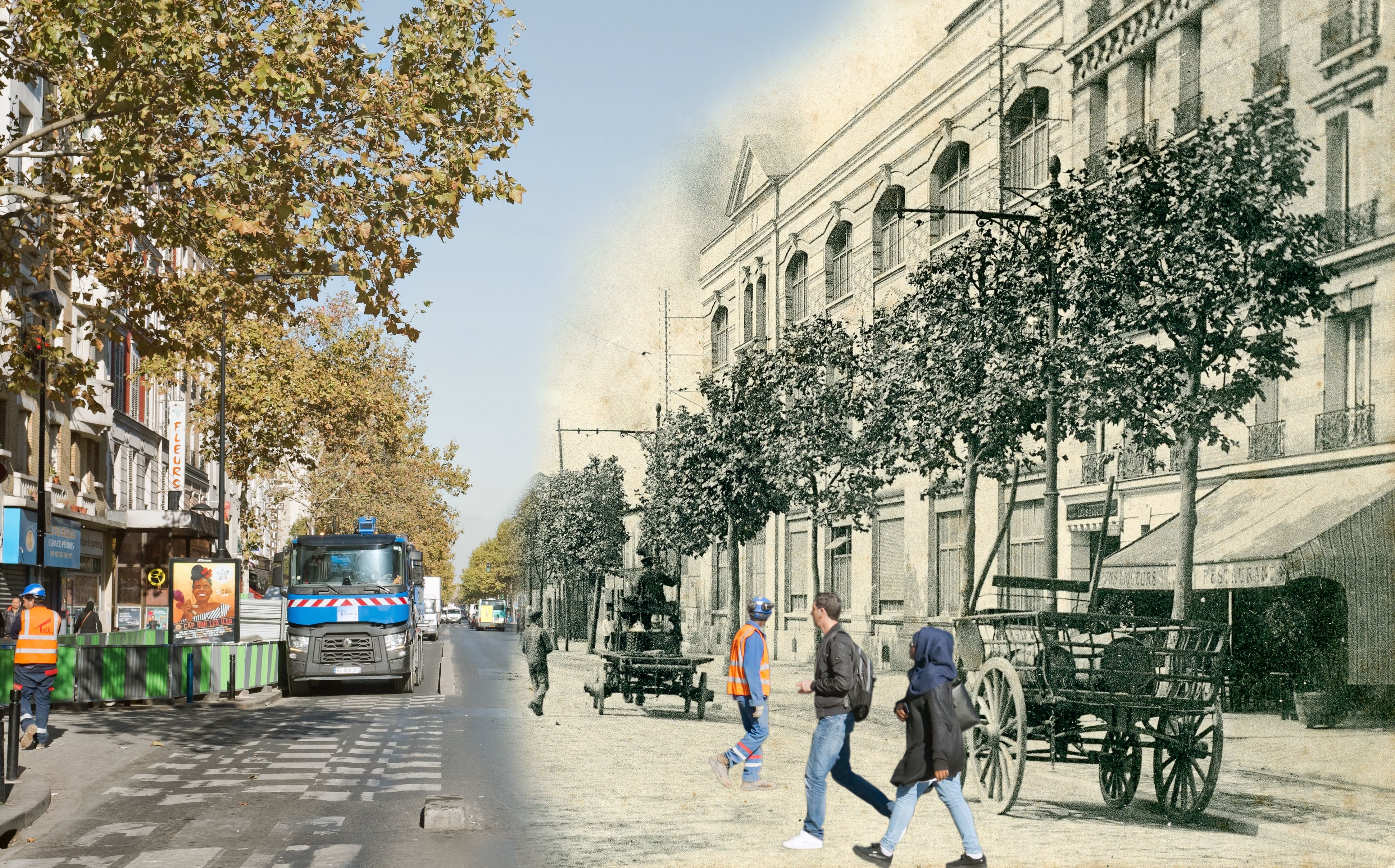 L'avenue de la République à Aubervilliers, grande artère du quartier des Quatre-Chemins, en partie en 1907, l'autre en 2018. Archives municipales d'Aubervilliers/Didier Hernoux