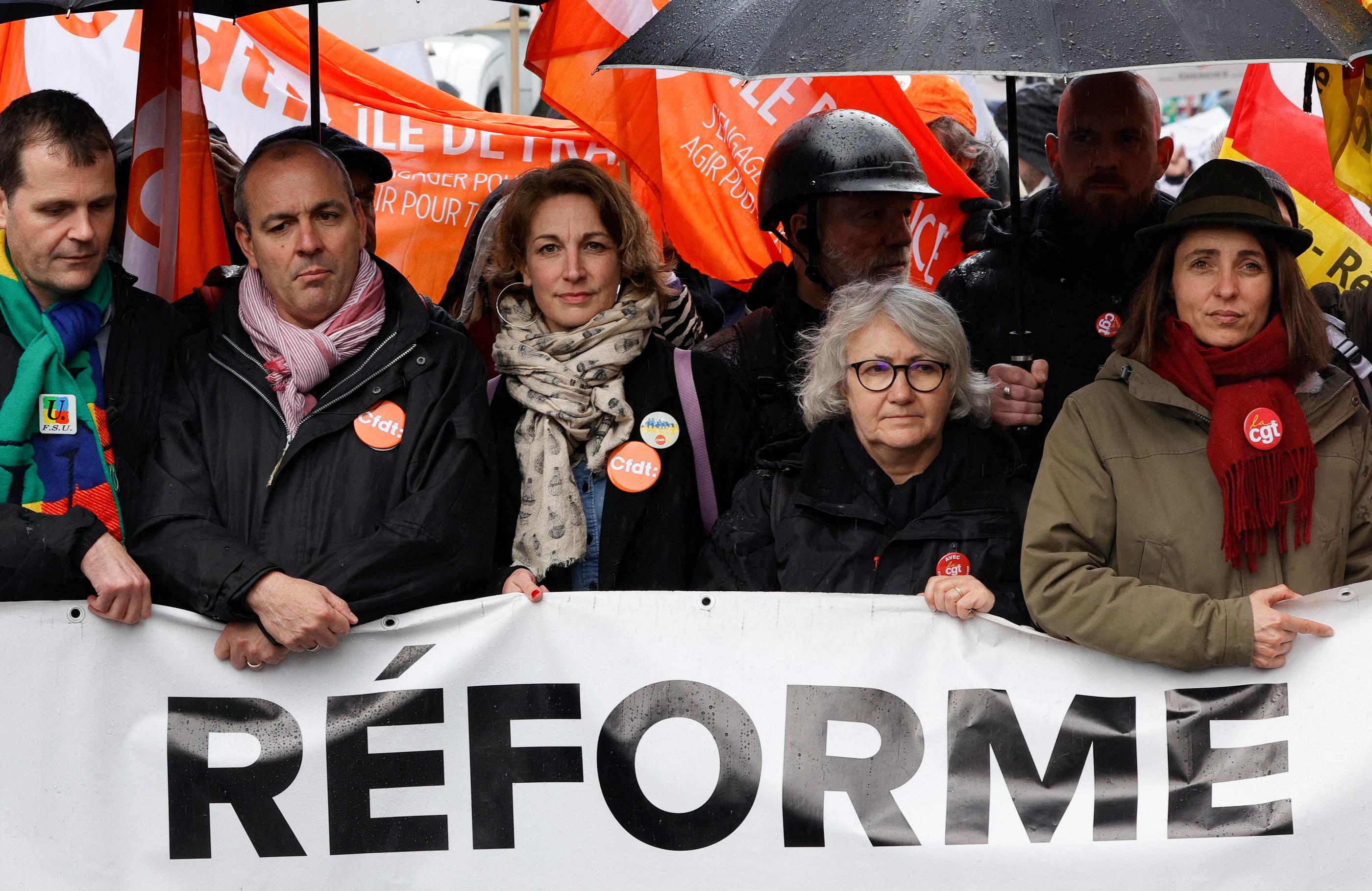 Les leaders des grands syndicats lors de la journée de mobilisation du jeudi 13 avril à Paris. Geoffroy VAN DER HASSELT / AFP