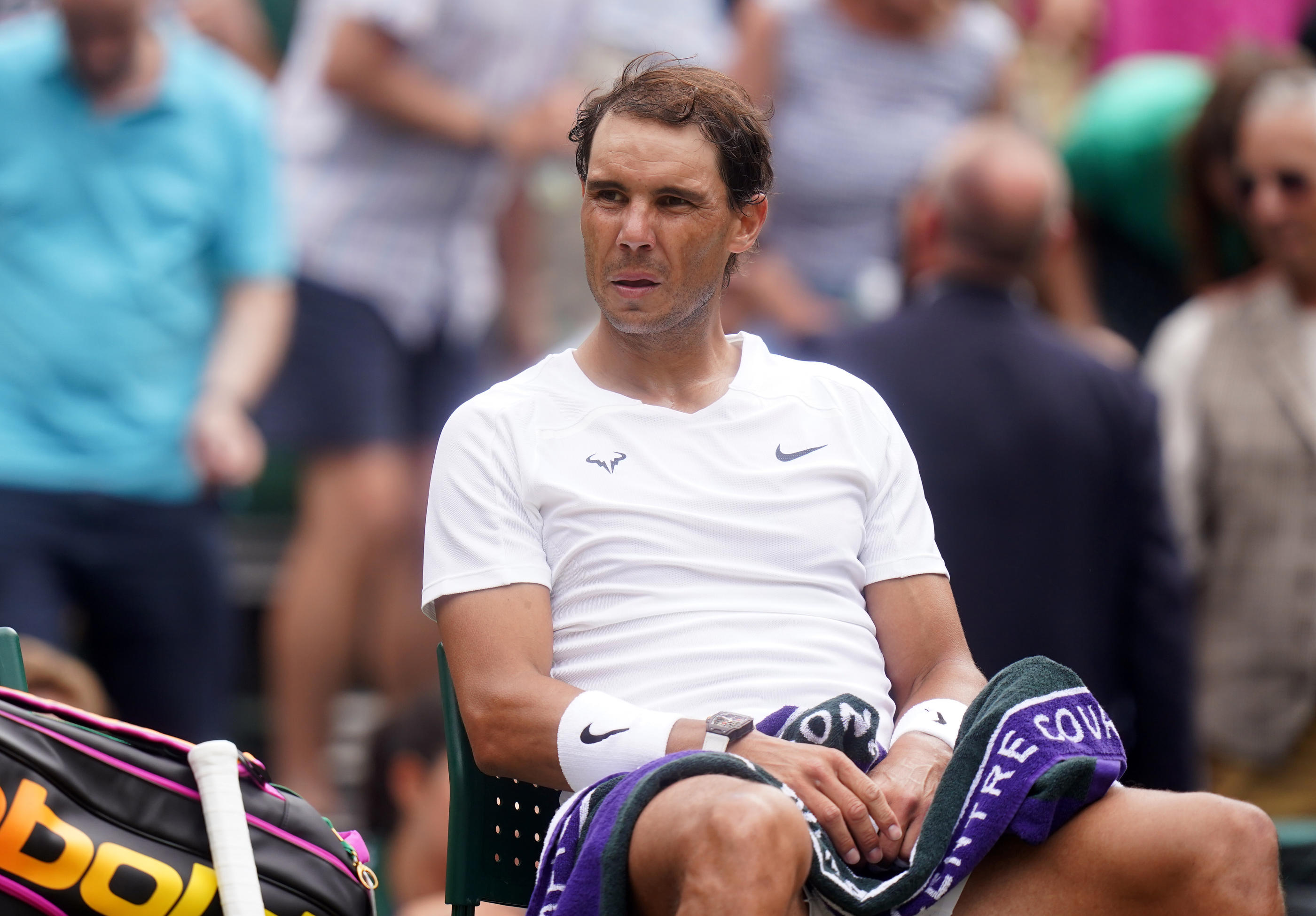File photo dated 06-07-2022 of Rafael Nadal at the change of ends during his match. Rafael Nadal is expected to be sidelined for between six and eight weeks with the injury he suffered at the Australian Open on Wednesday. Issue date: Thursday January 19, 2023. - Photo by Icon sport