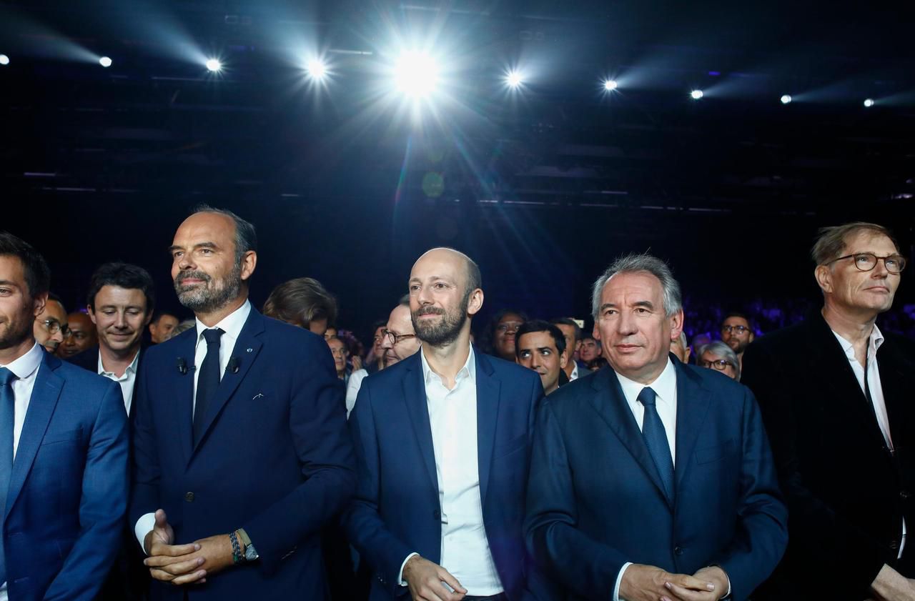 <b></b> Edouard Philippe, Stanislas Guerini et François Bayrou, le 7 septembre à Bordeaux (Gironde) lors du Campus des territoires de LREM. 