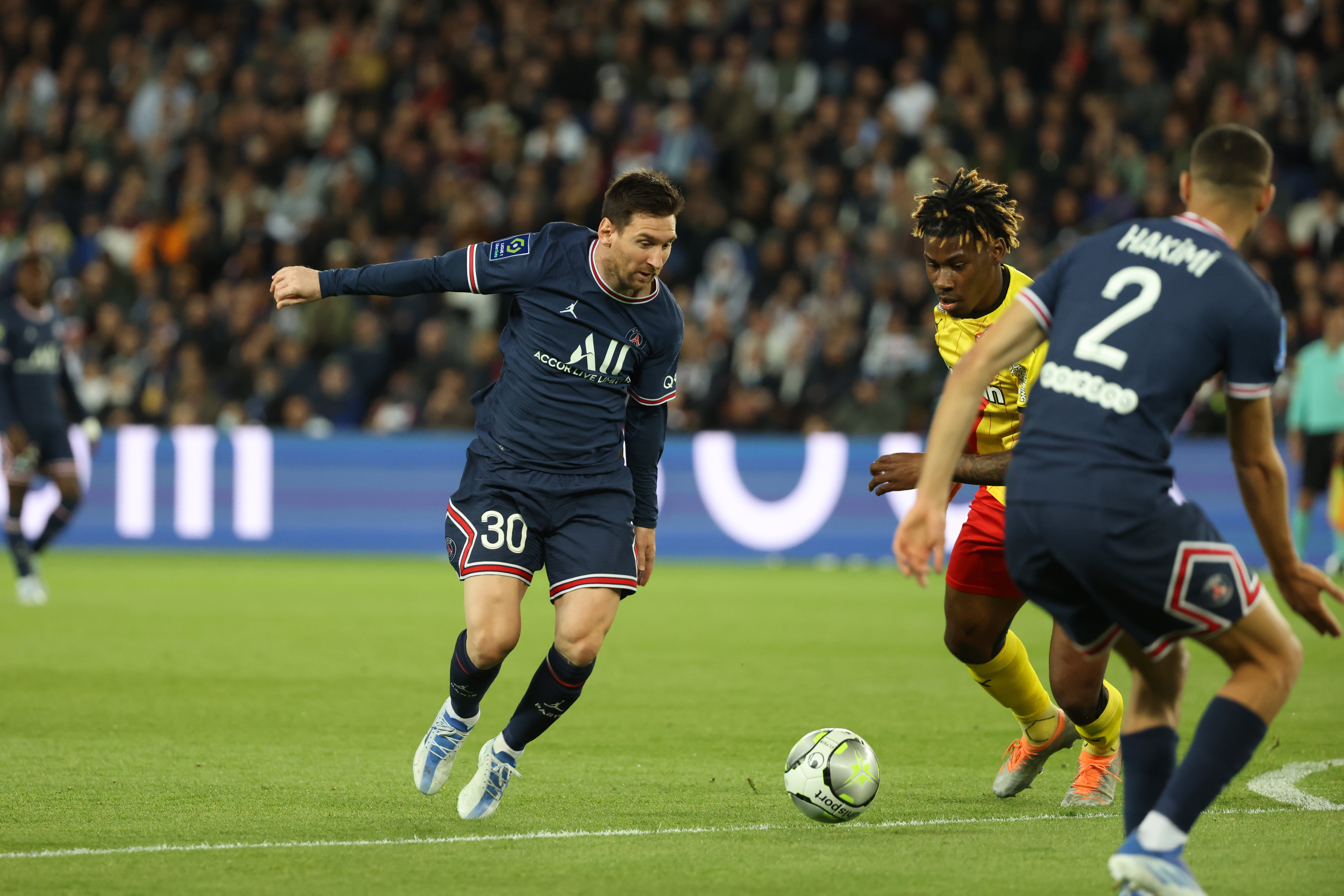 Le Parisien Lionel Messi, titularisé en attaque aux côtés de Neymar et Kylian Mbappé, samedi contre Lens. LP/Arnaud Journois