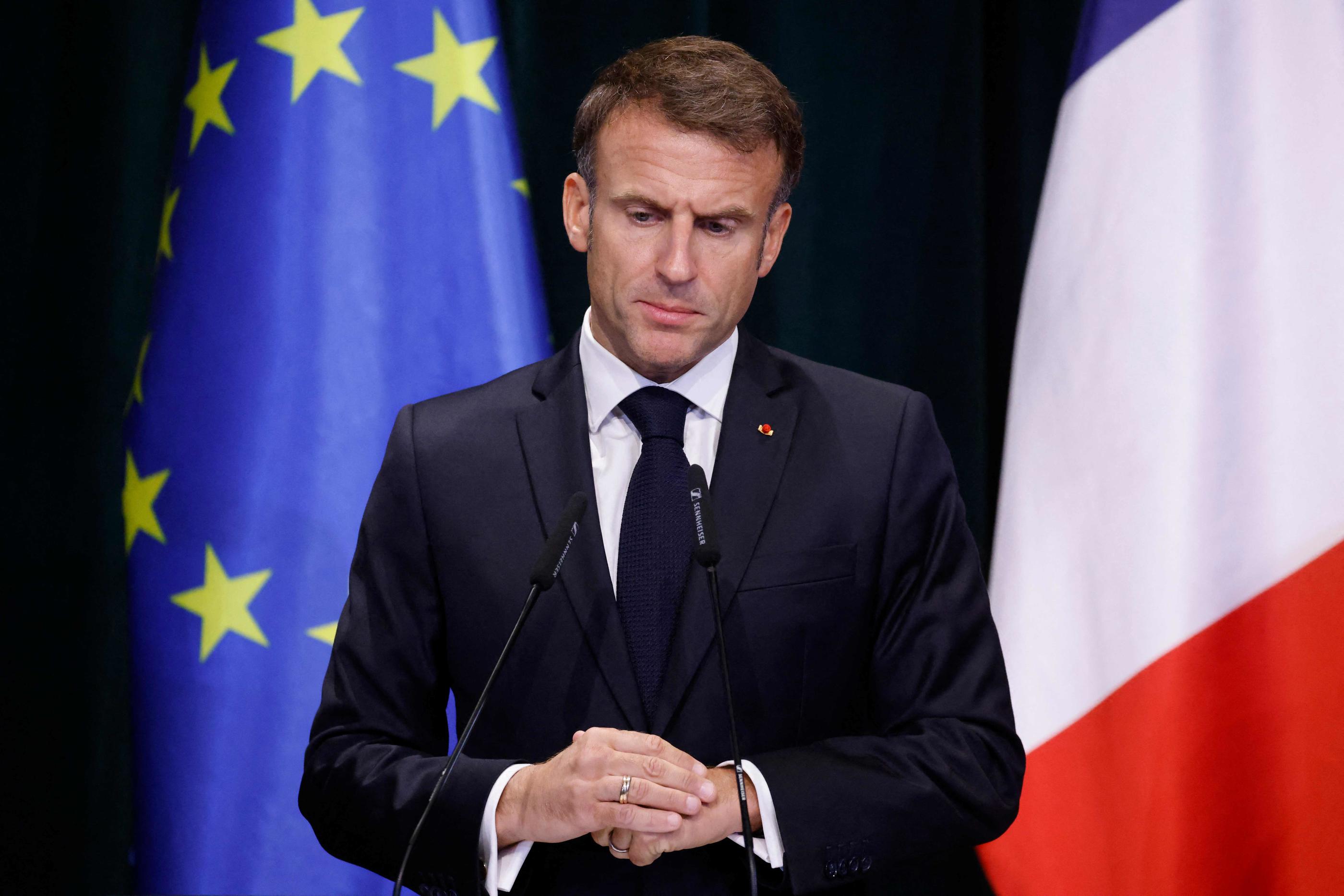 Emmanuel Macron à Tirana, le 17 octobre 2023. Ludovic MARIN / AFP