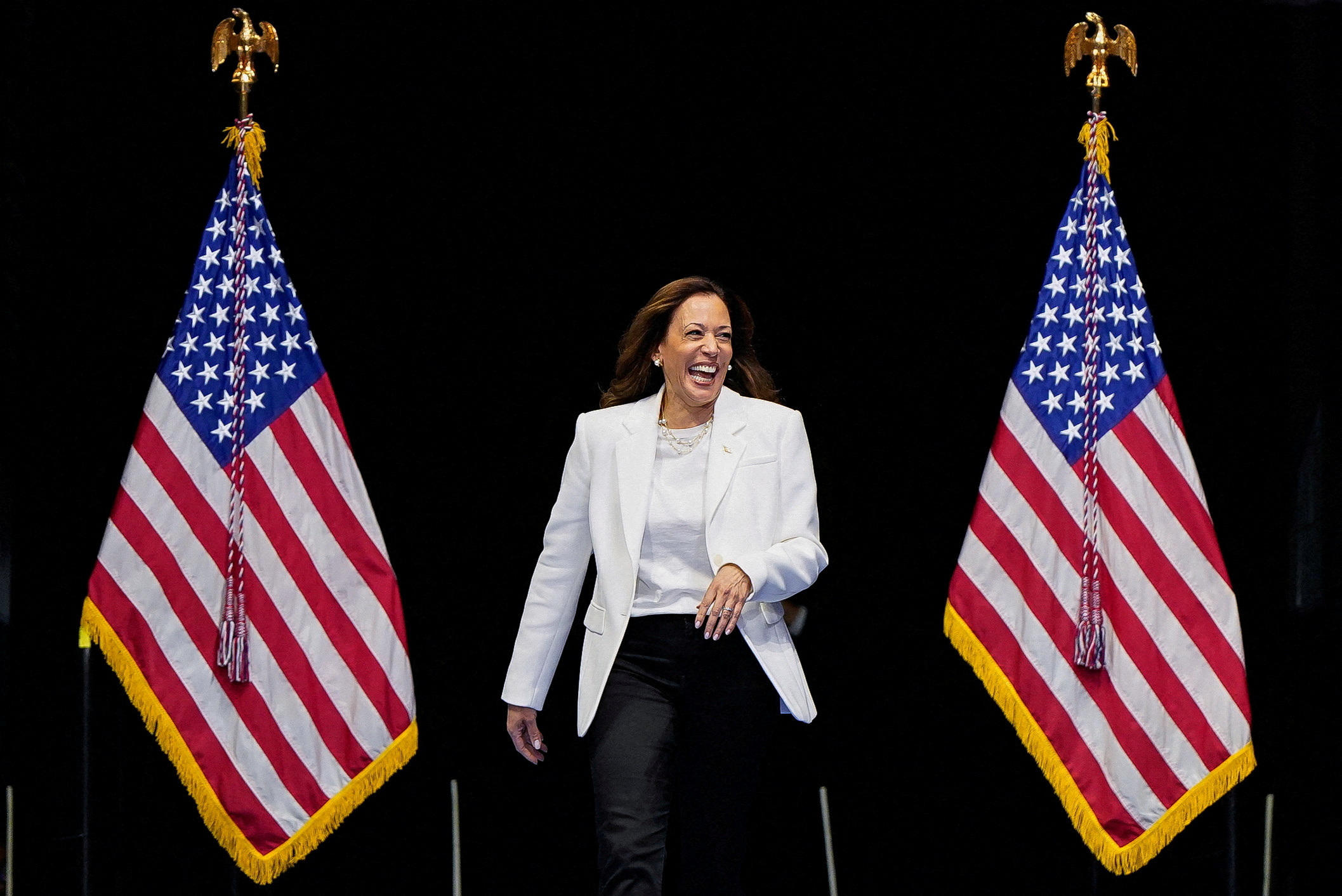 Kamala Harris est désormais au coude-à-coude avec Donald Trump dans six Etats qui seront décisifs pour l’élection, selon des sondages. (Illustration) REUTERS/Elizabeth Frantz.