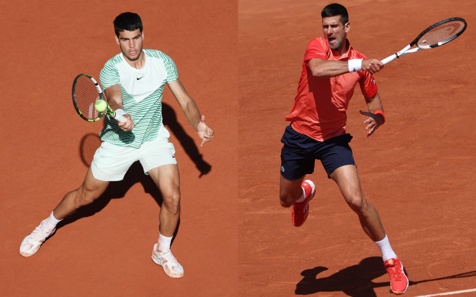 Carlos Alcaraz (à gauche) et Novak Djokovic (à droite) s'affrontent vendredi dans une demi-finale très attendue à Roland-Garros. Montage LP/Arnaud Journois