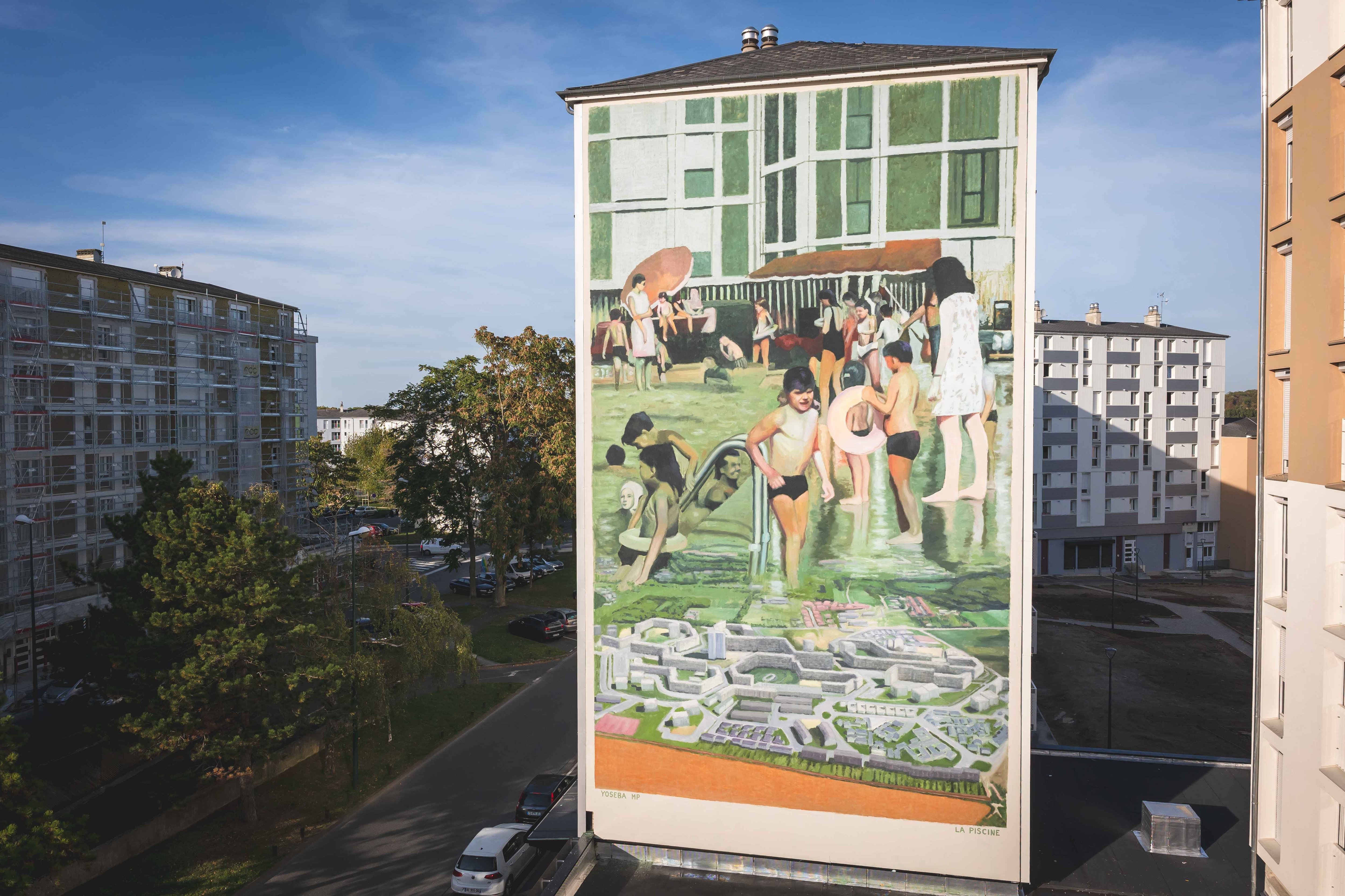 Peinte par l'artiste YOSEBA, la fresque représente l'ancienne piscine du quartier des Châtillons. L'oeuvre a été réalisée à partir d'images d'archives. DR/Vincent VDH