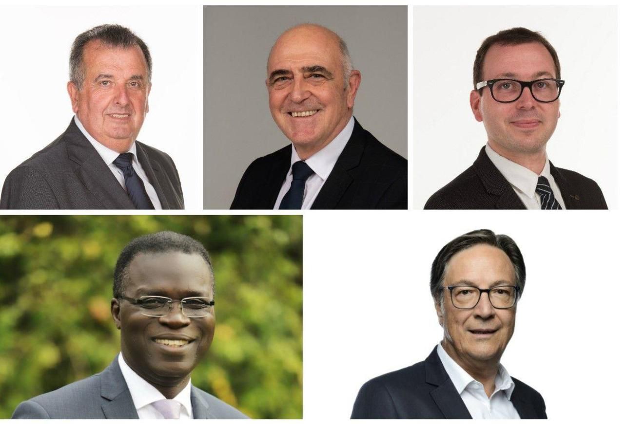 <b></b> Voici les nouveaux maires du plateau briard, de haut en bas, de g. à dr. : Vincent Bedu à Santeny, Yves Thoreau à Mandres-les-Roses, Arnaud Védie à Périgny-sur-Yerres, Alphonse Boye à Marolles-en-Brie et Patrick Farcy à Villecresnes.