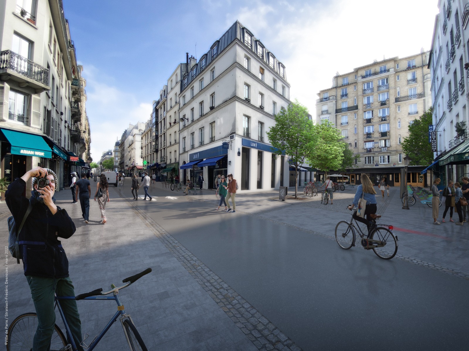 Les travaux de piétonnisation de cette portion de la rue Oberkampf doivent s'achever en mars 2024 (Visuel d'architecte). Ville de Paris/Stratéact-Frédéric Desnoues