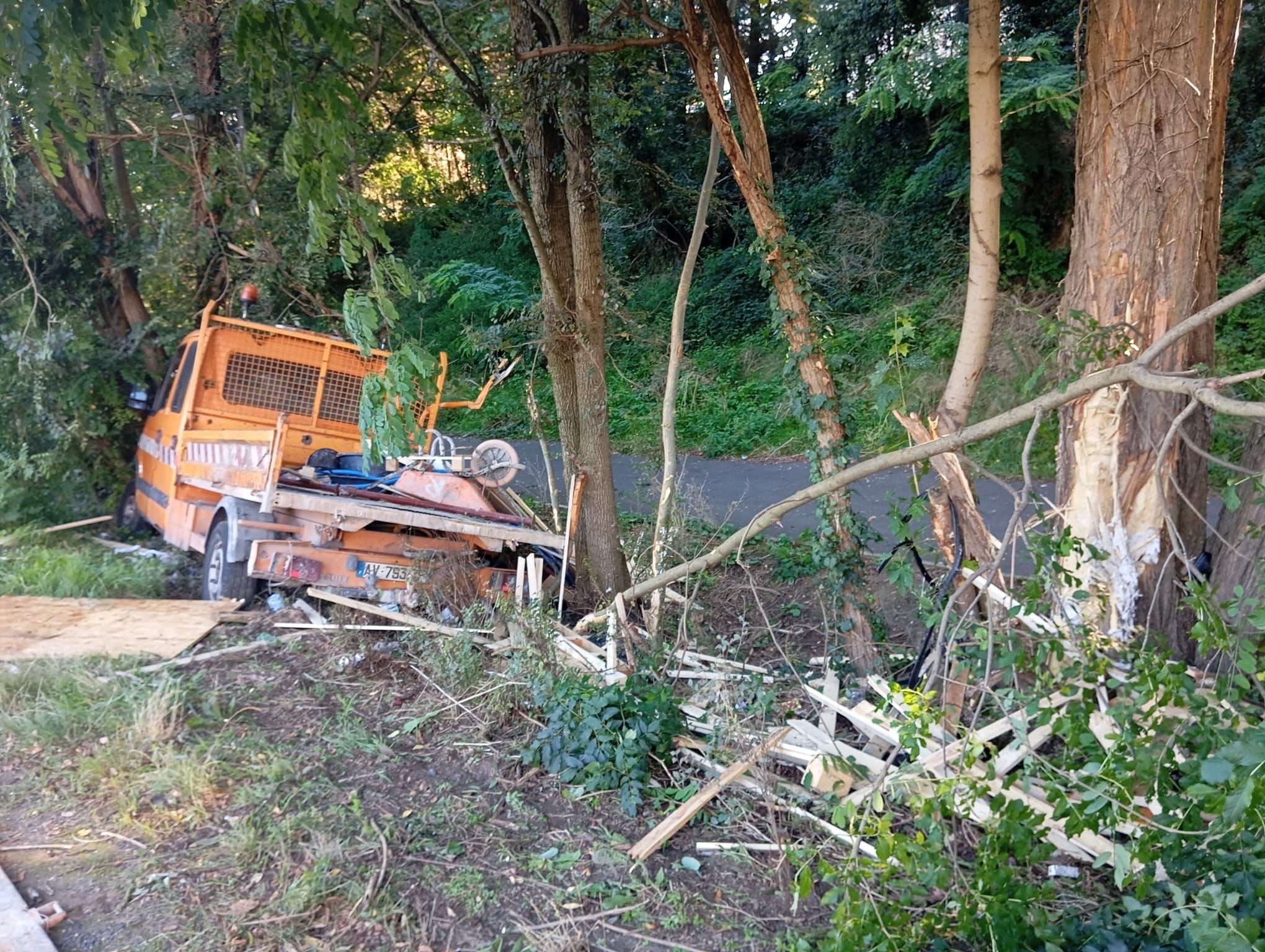 Grigny, ce 15 septembre 2024. Cette camionnette de chantier a percuté des arbres le long de la voie du RER D, à Grigny, dimanche. Son conducteur a pris la fuite, il y a trois blessés. DR