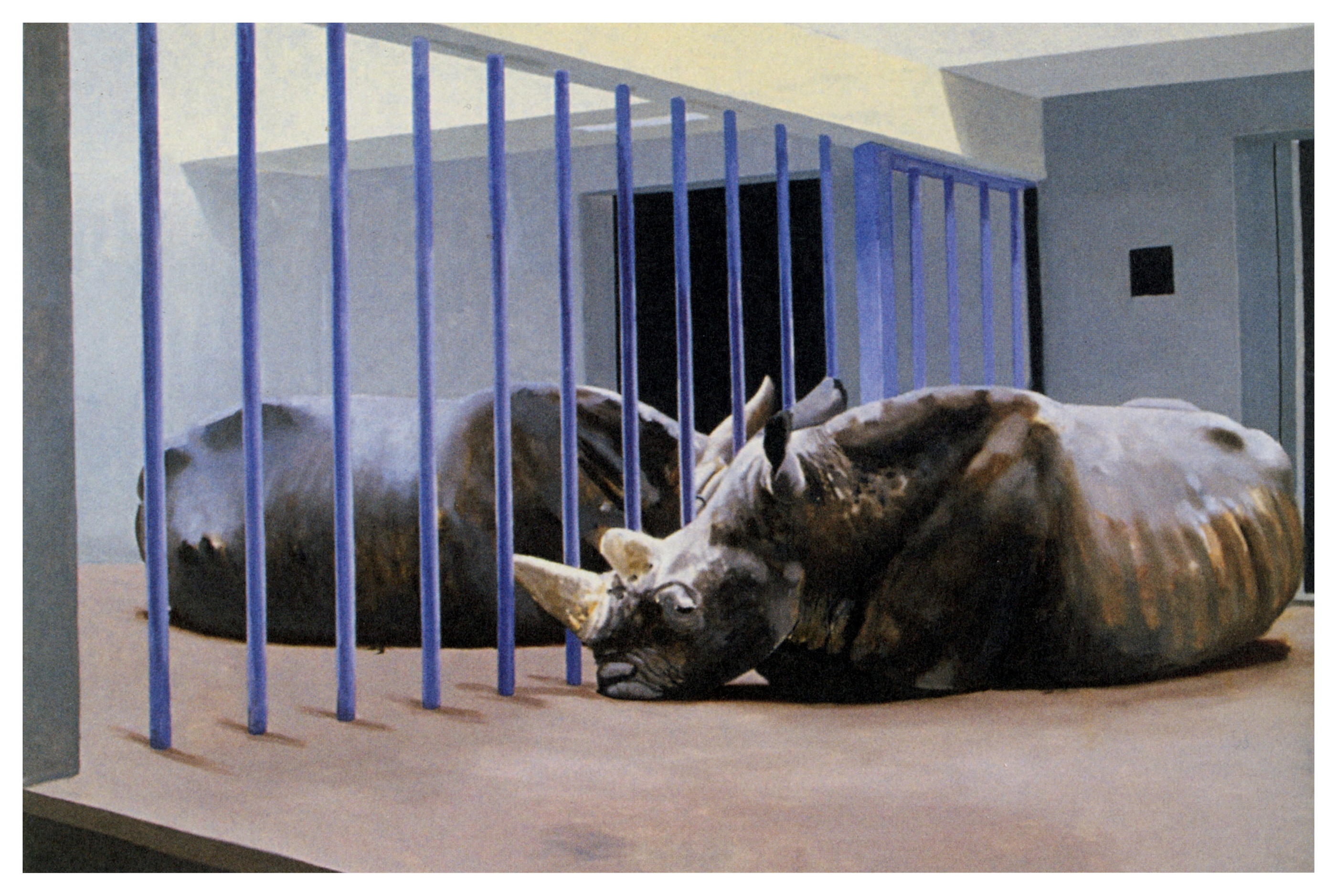 Gilles Aillaud est notamment connu pour avoir interrogé la prise en compte du bien-être animal dans les zoos, comme ici dans son tableau «Rhinocéros» (1979). Cnap/Adagp