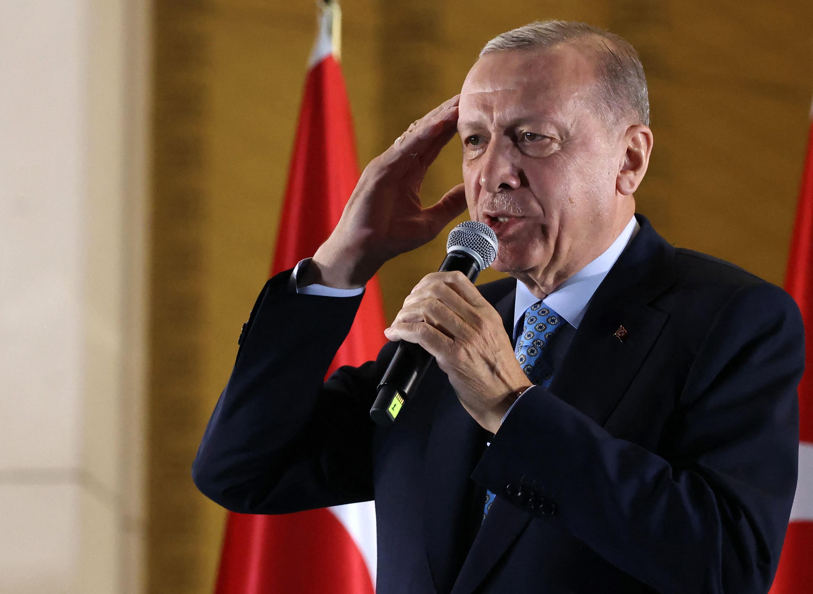 Recep Tayyip Erdogan à Ankara après sa victoire à l'élection présidentielle en Turquie le dimanche 29 mai 2023. Adem ALTAN/AFP
