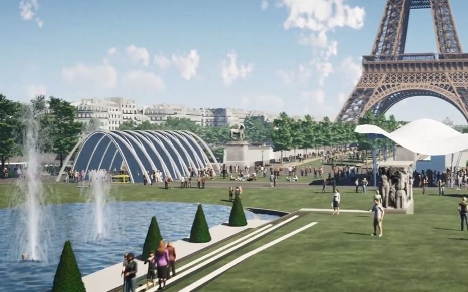 Le projet de réaménagement autour de la tour Eiffel veut unifier 50 ha entre le Trocadéro et le Champ-de-Mars, via un pont d'Iéna entièrement piéton et végétalisé (projection architecturale). DR/Kathryn Gustafson