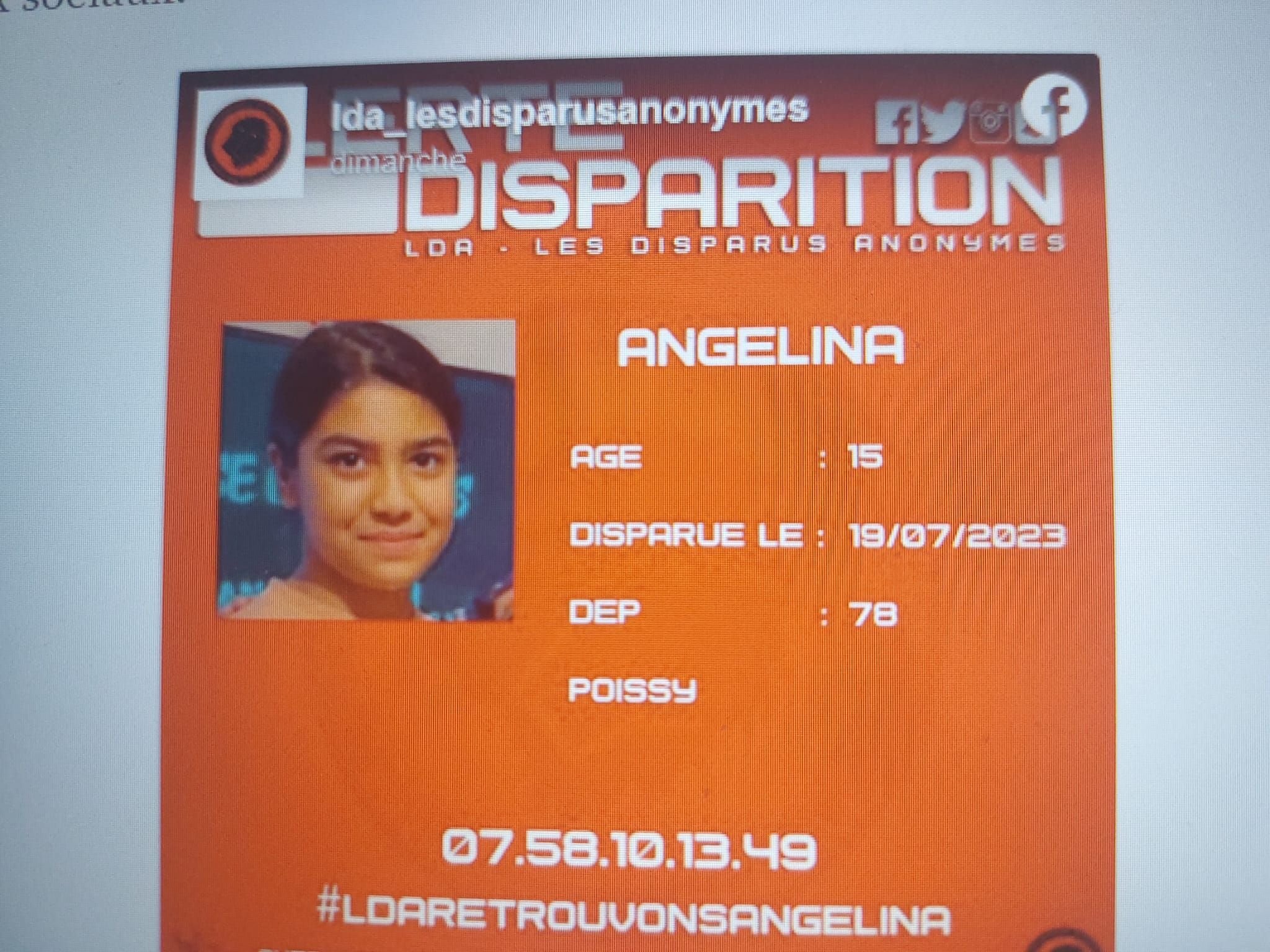 Un appel à témoins a été lancée depuis qu'Angélina, 15 ans, a disparu à Poissy (Yvelines) le 19 juillet dernier. DR