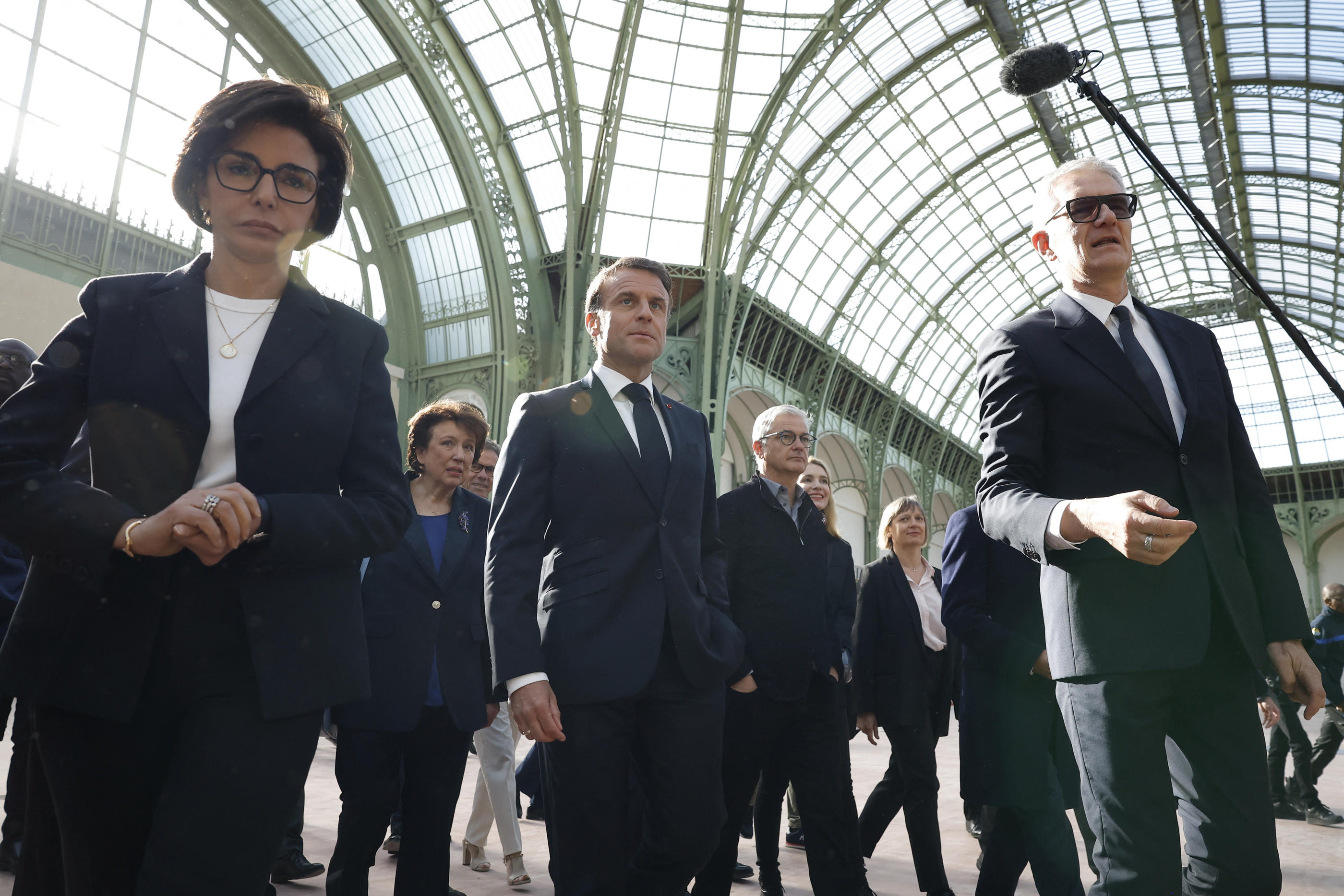 À 100 jours du début des compétitions à Paris et dans le reste du pays, le président était invité de BFMTV et de RMC au sein du Grand Palais. Pool via Reuters/YOAN VALAT