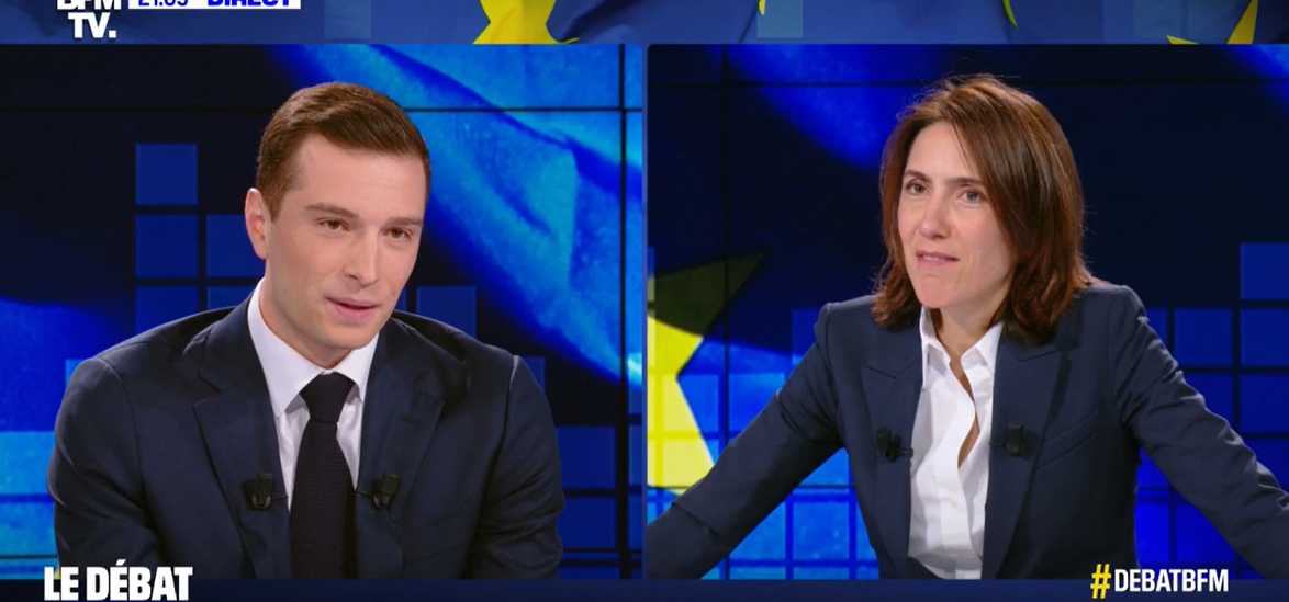Jordan Bardella (RN) débat face à Valérie Hayer (Renaissance), à quelques semaines des élections européennes. Capture d'écran/BFMTV