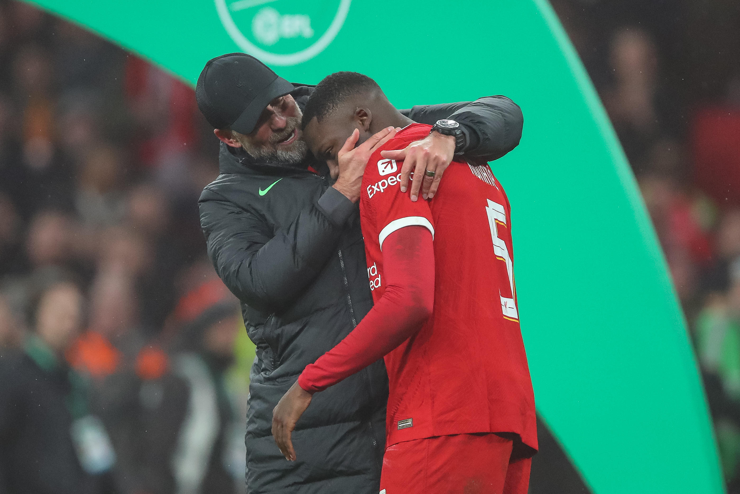 Ibrahima Konaté a rendu hommage à son entraîneur Jürgen Klopp, qui va quitter Liverpool après un dernier match ce dimanche. Icon Sport
