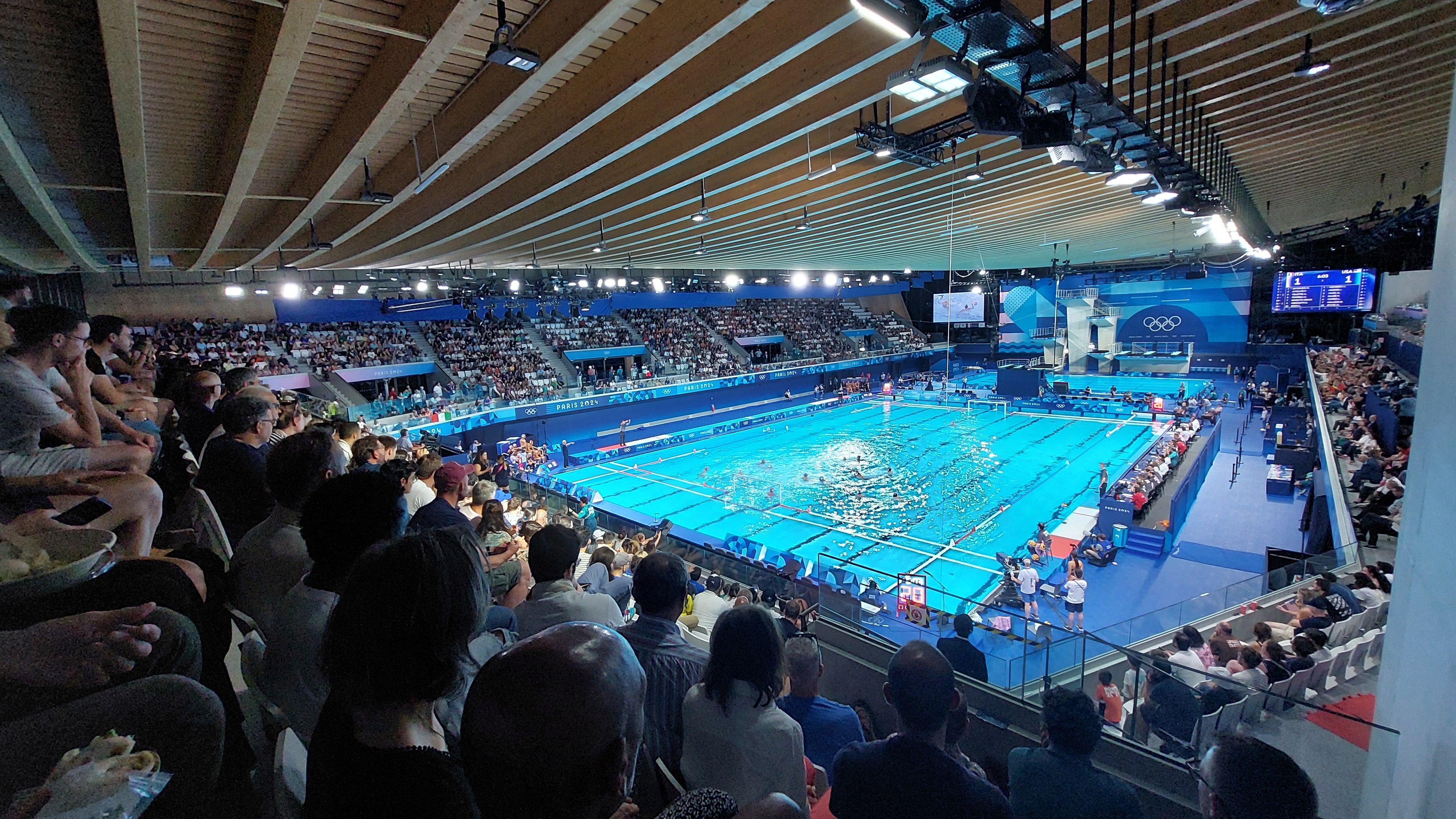 Saint-Denis, le 29 juillet 2024. Après les Jeux olympiques, le centre aquatique olympique n'accueillera que les entraînements des para-athlètes, avant de rouvrir au public en juin 2025. (LP/Claire Guédon)