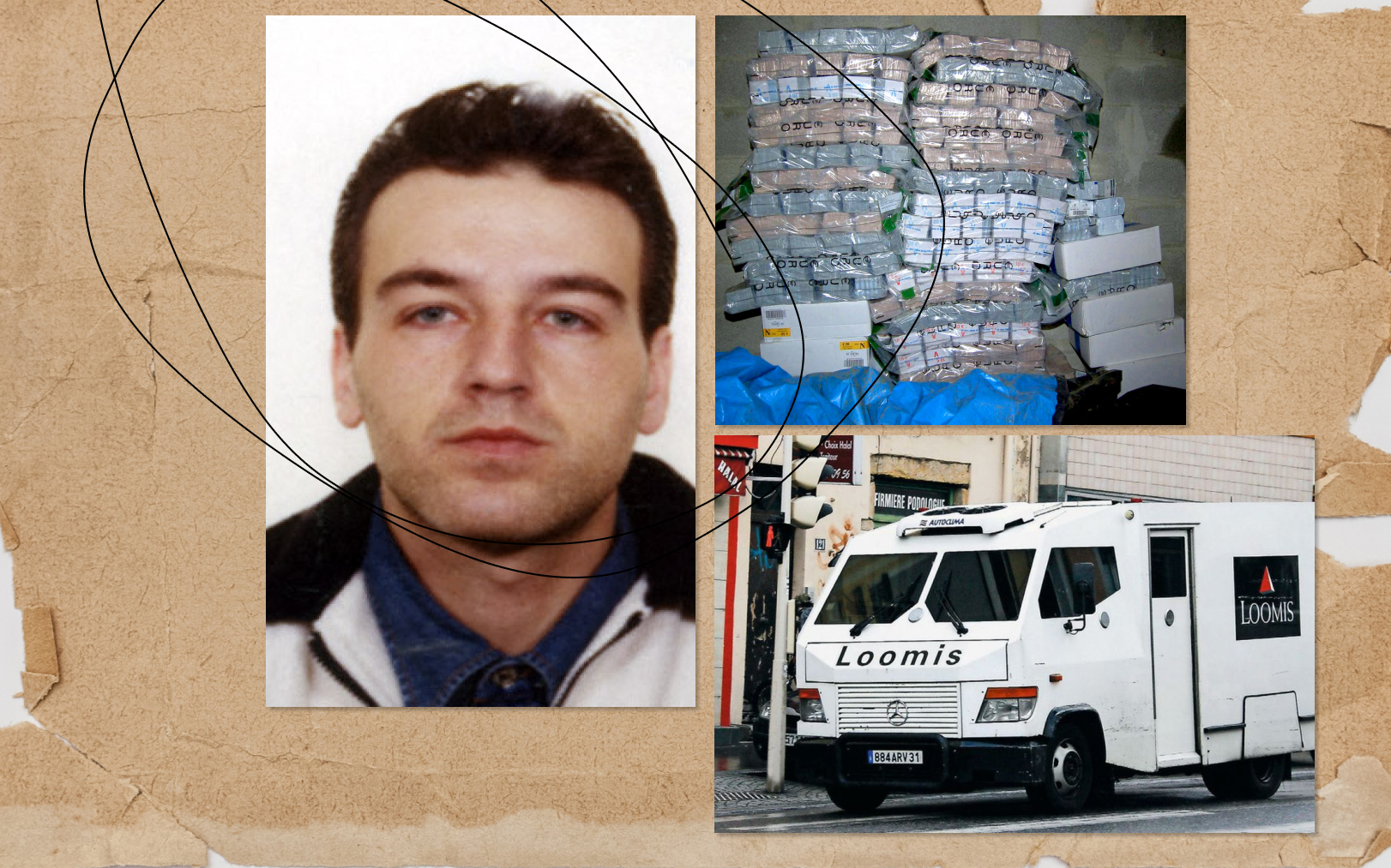 Portrait de Toni Musulin (à gauche), 9,1 millions d’euros des 11,6 millions volés (en haut à droite), le fourgon Loomis détourné à Lyon, le 5 novembre 2009 (en bas à droite). MAXPPP/Richard Mouillard. AFP/Police judiciaire