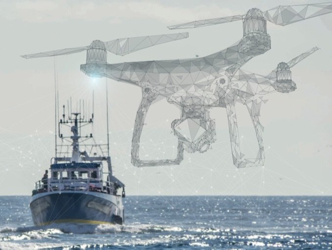 Visuel du projet Dronormand. Le drone se rendrait en mer chercher des échantillons de coquilles pour les ramener à terre pour analyse. Un gain de temps et de carburant considérable, couplé à un intérêt écologique. DR