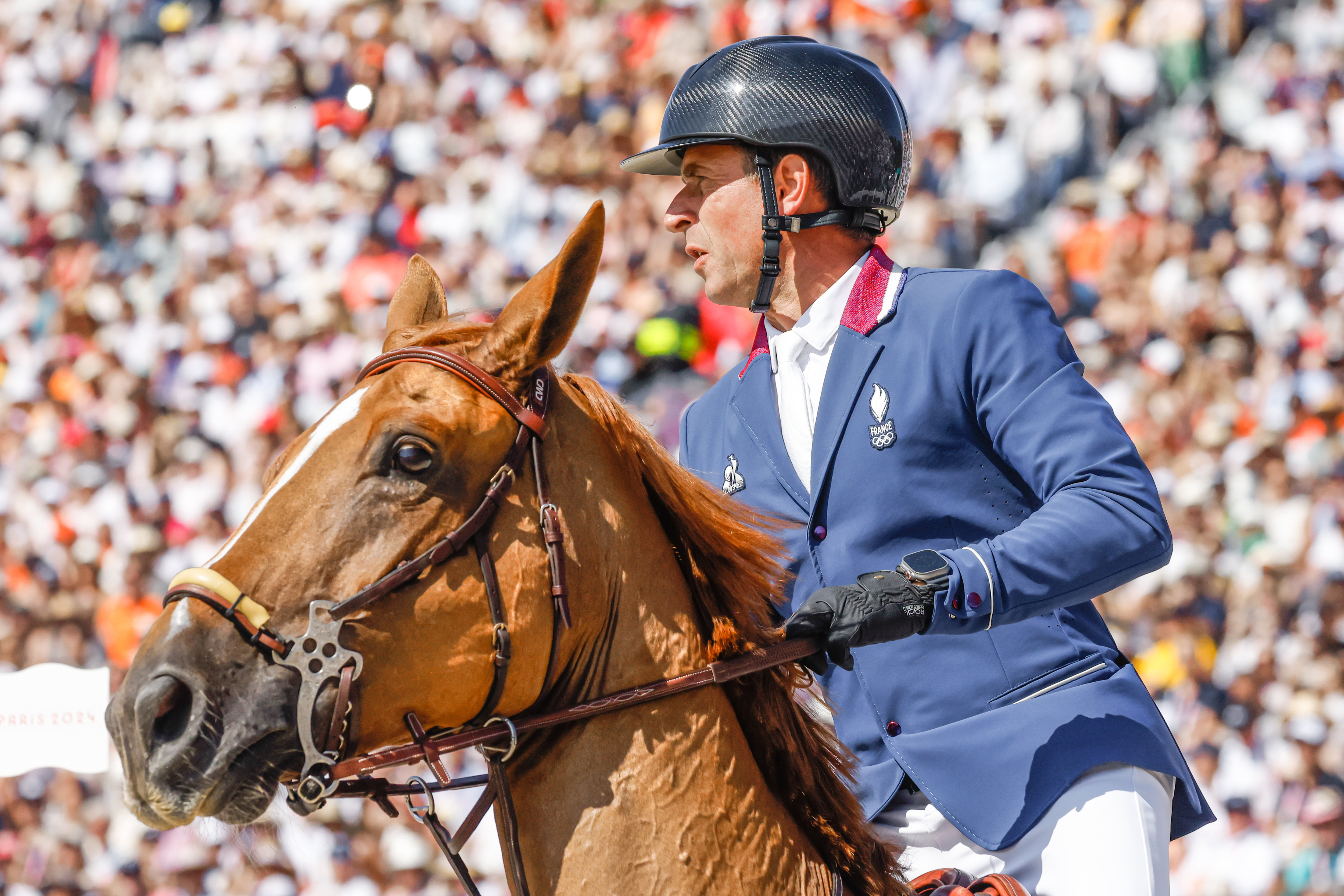 Versailles, Château de Versailles, mardi 6 août. Déception pour Julien Epaillard. Médaillé par équipes, le cavalier français finit seulement 4e au saut d'obstacles (Photo : LP/Olivier Corsan).