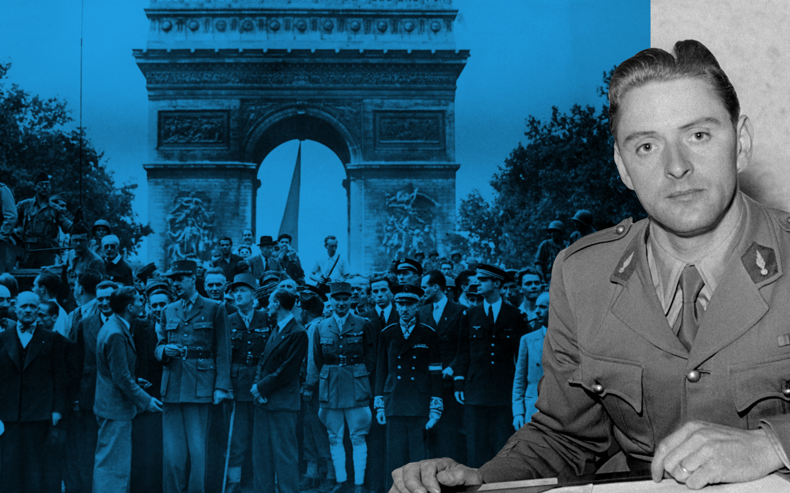 À gauche, le général De Gaulle lors du défilé de la Libération le 26 août 1944, sur les Champs-Élysées à Paris. À droite, le colonel Henri Rol-Tanguy, chef des FFI en Ile-de-France durant la Libération de Paris, en août 1944.