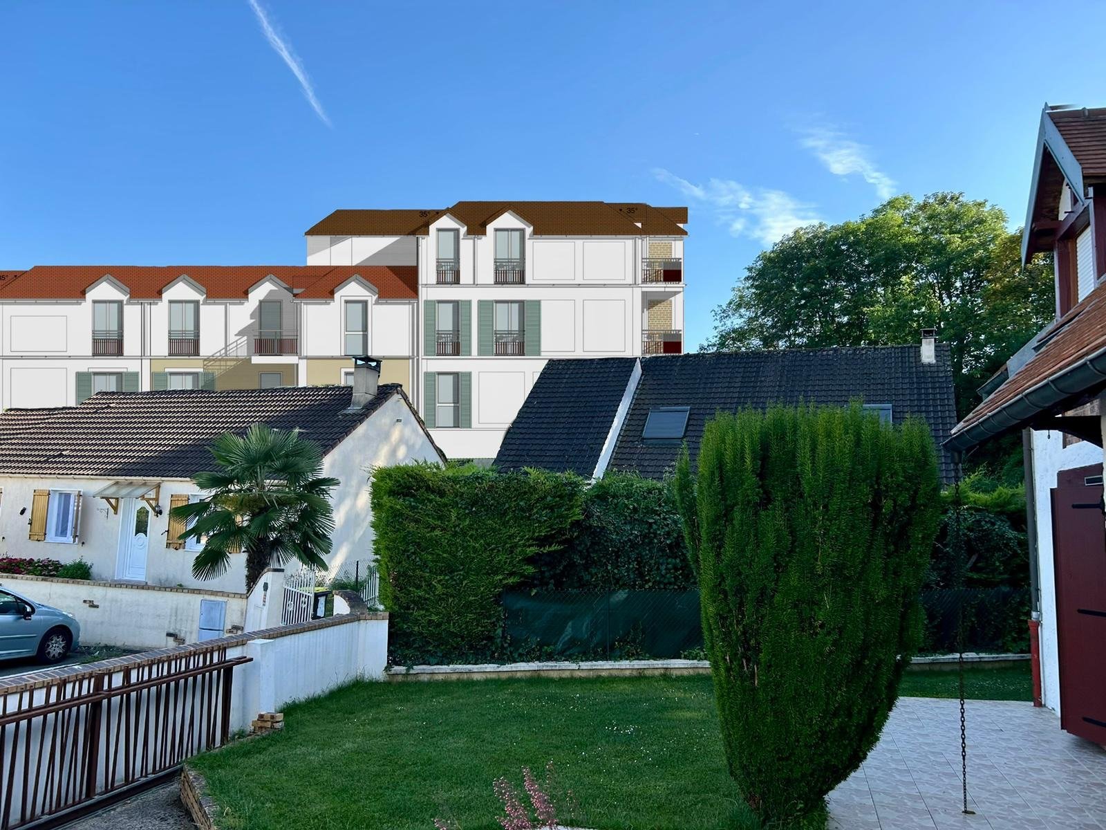 Crégy-lès-Meaux (Seine-et-Marne). Voici une projection, réalisée par l'un des habitants, de la vue des futurs immeubles depuis la rue Ronsard et les pavillons existants. Norbert Banka