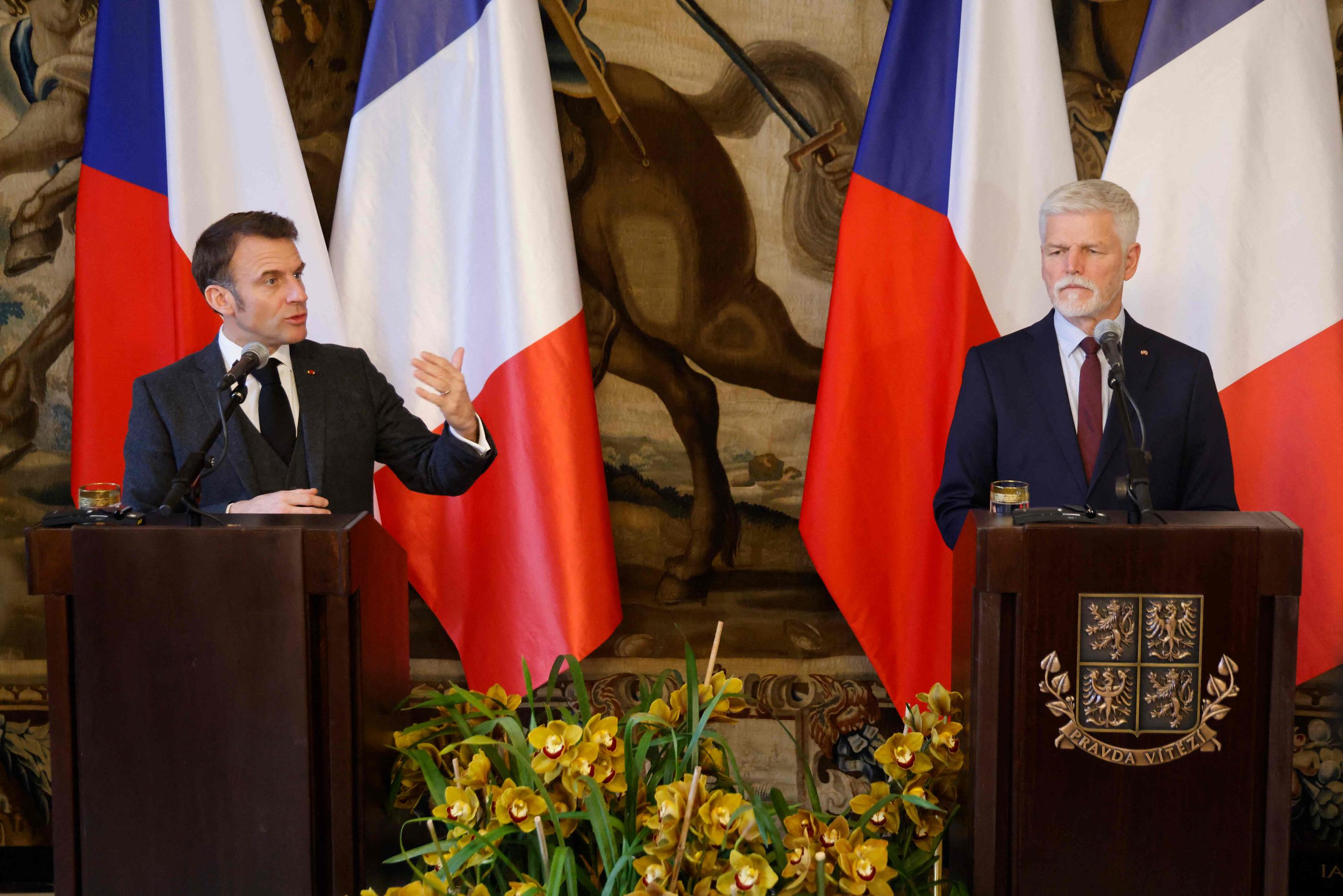 Prague (République tchèque), le 5 mars 2024. Le président français et son homologue tchèque Petr Pavel ont tenu une conférence de presse commune. AFP/Ludovic Marin