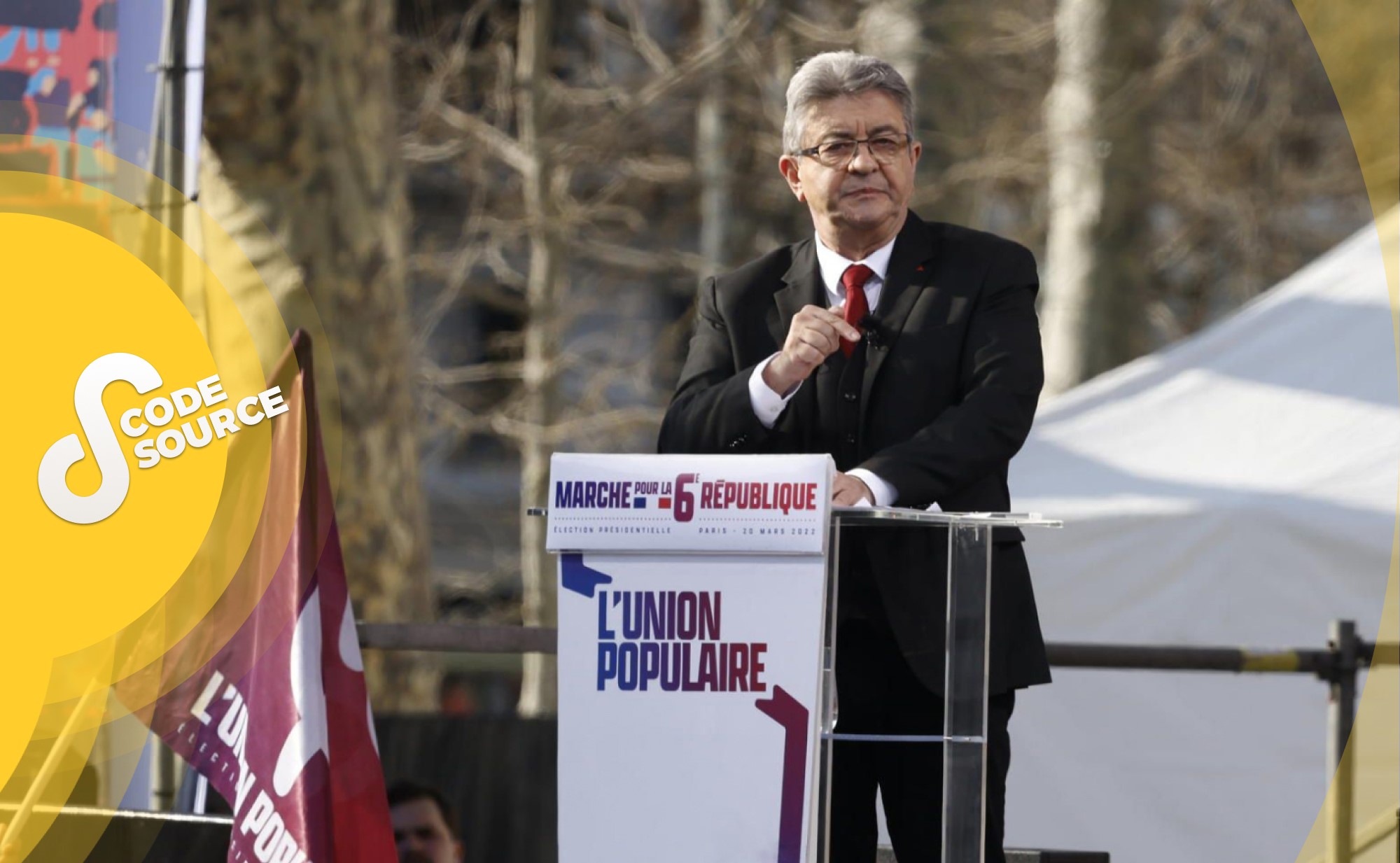 Le 20 mars 2022, Jean-Luc Mélenchon, candidat à l'élection présidentielle de 2022, a tenu un discours sur la place de la République à Paris, devant 100 000 personnes.
