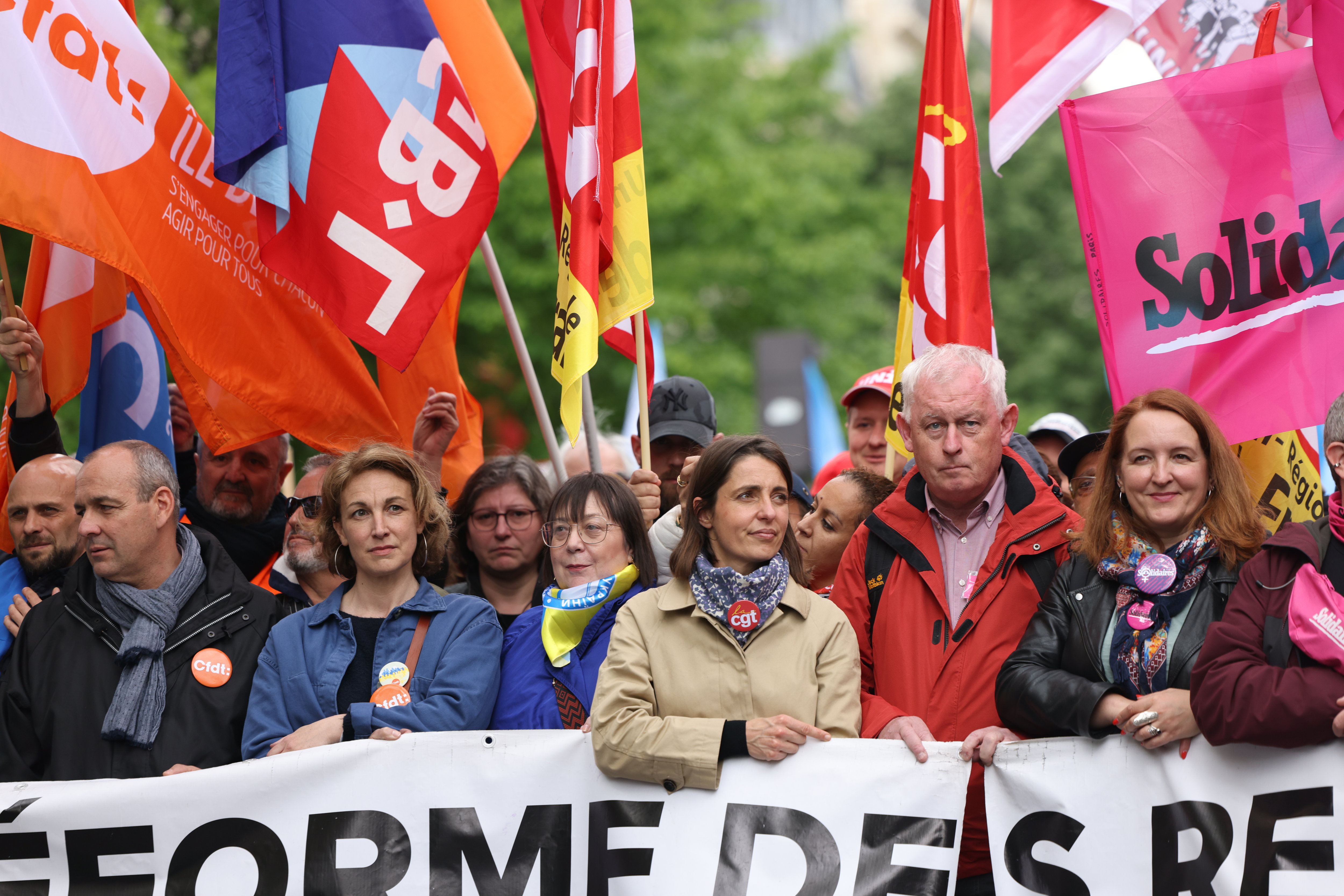 Manifestation du 1er mai 2023, avec en tête de cortège Marylise Léon (CFDT) et Sophie Binet (CGT). LP/ARNAUD JOURNOIS