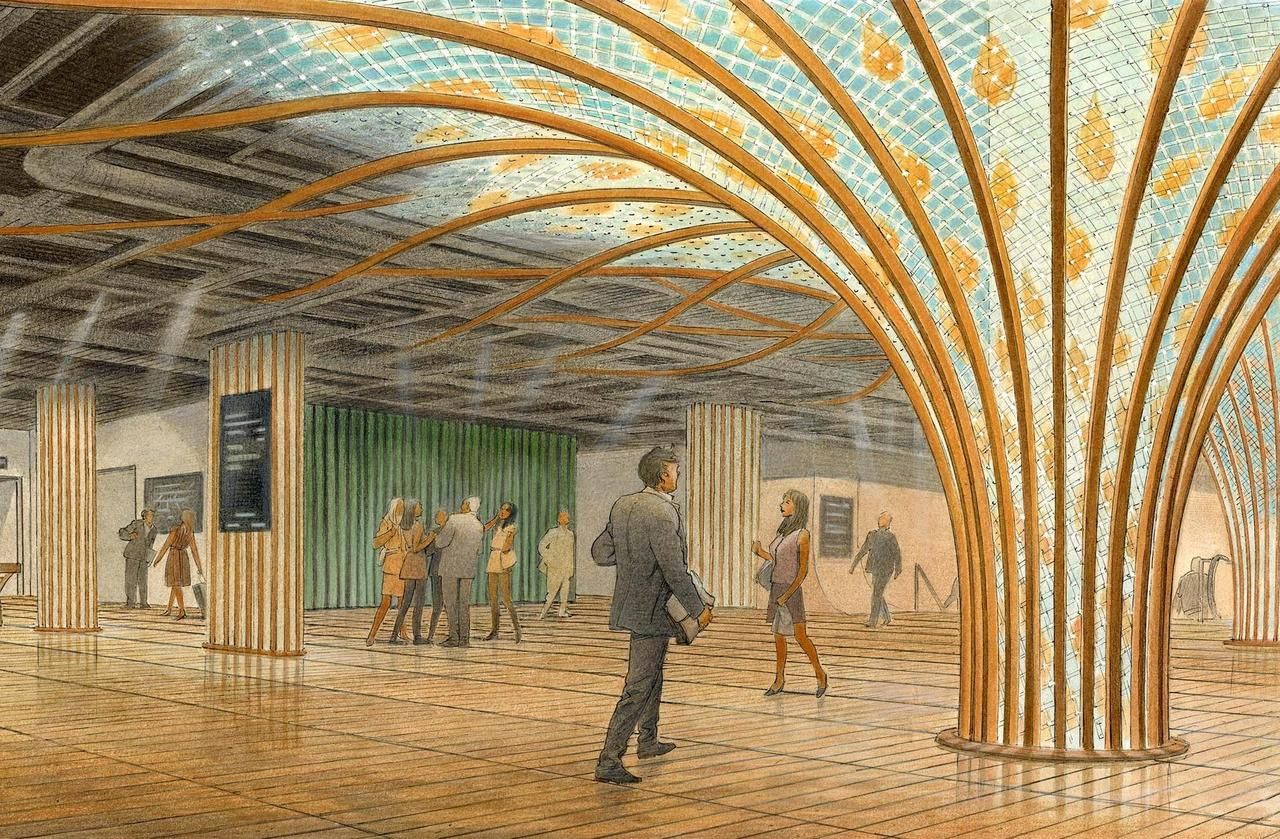 <b></b> Fermés depuis 2015 dans le cadre de la construction de la nouvelle gare Eole de la Défense, les espaces de congrès Viparis du Cnit vont rouvrir en 2022 sous une nouvelle forme voulant recréer une sorte de forêt souterraine.