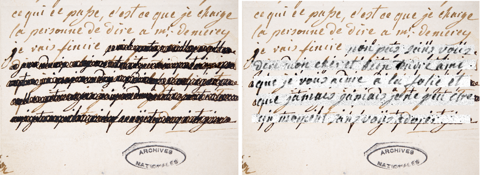 Lettre du 4 janvier 1792 écrite de la main de Marie-Antoinette, avant et après traitement. Archives nationales